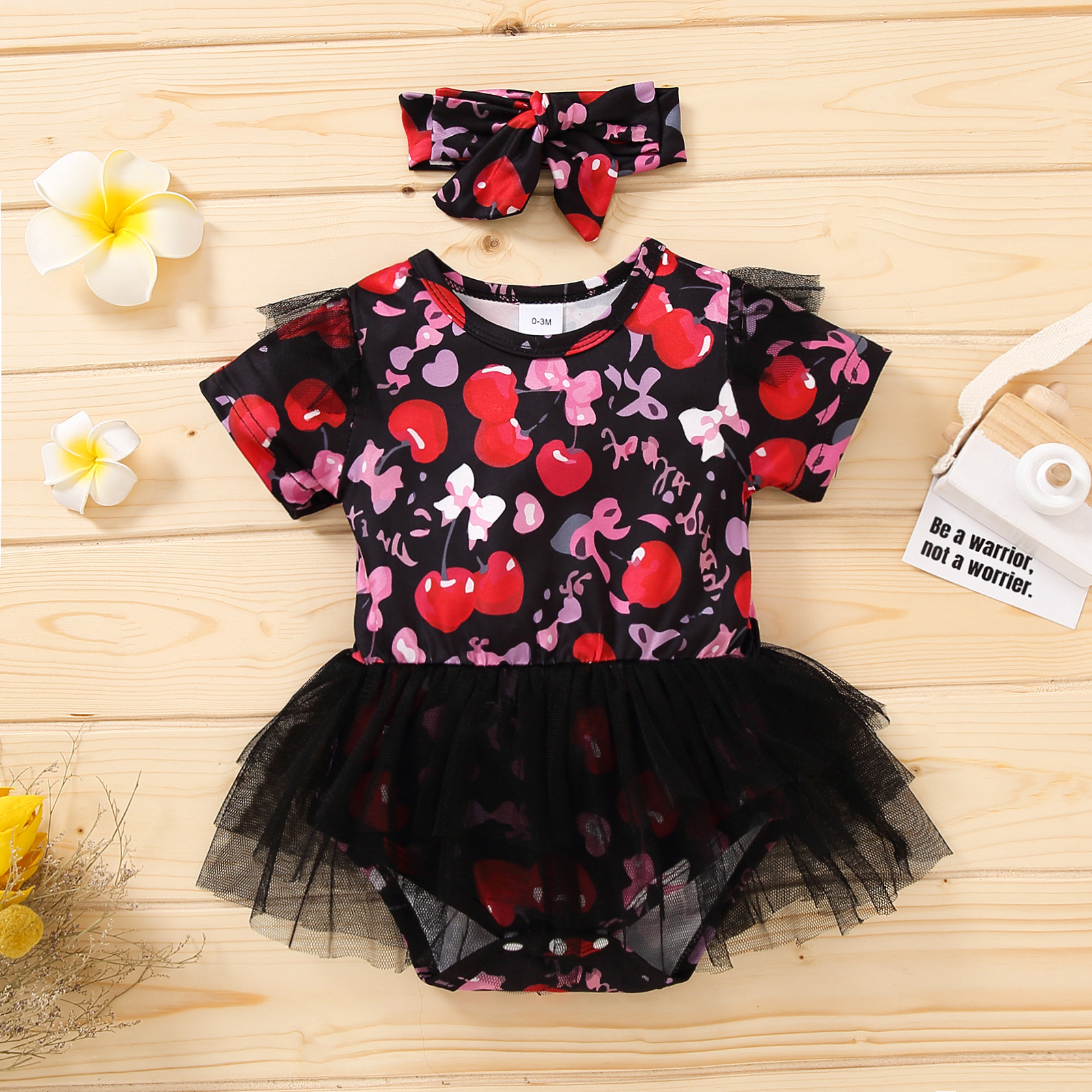 

2-Piece Baby Cherry Print Short-sleeve Tulle Dress Romper and Headband Set