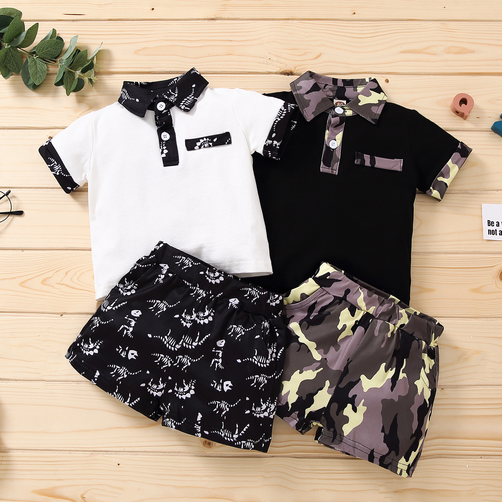 

2pcs Dinosaur or Camouflage Print Polo Collar Short-sleeve Baby Set