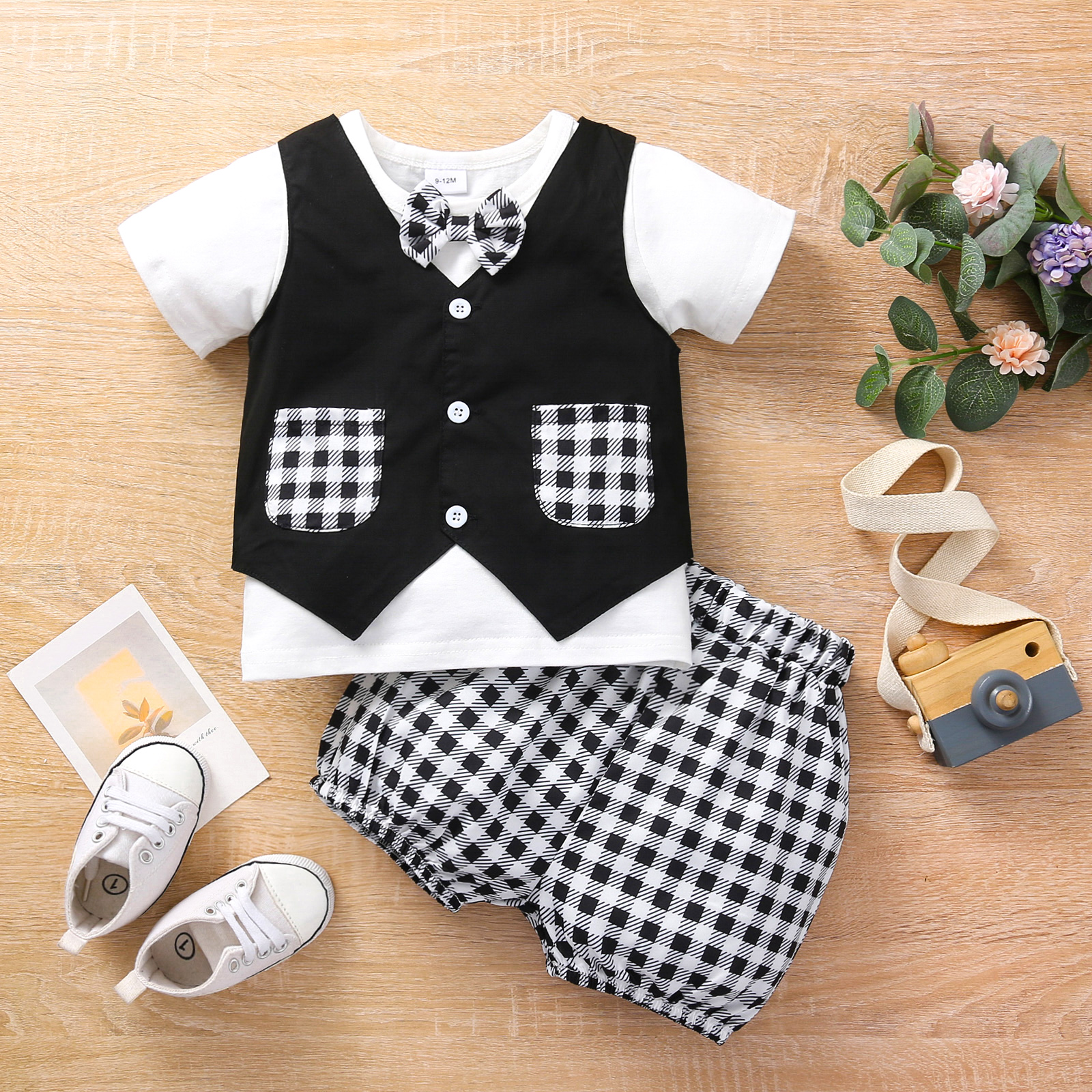 

3pcs Plaid and Color Block Short-sleeve Baby Set