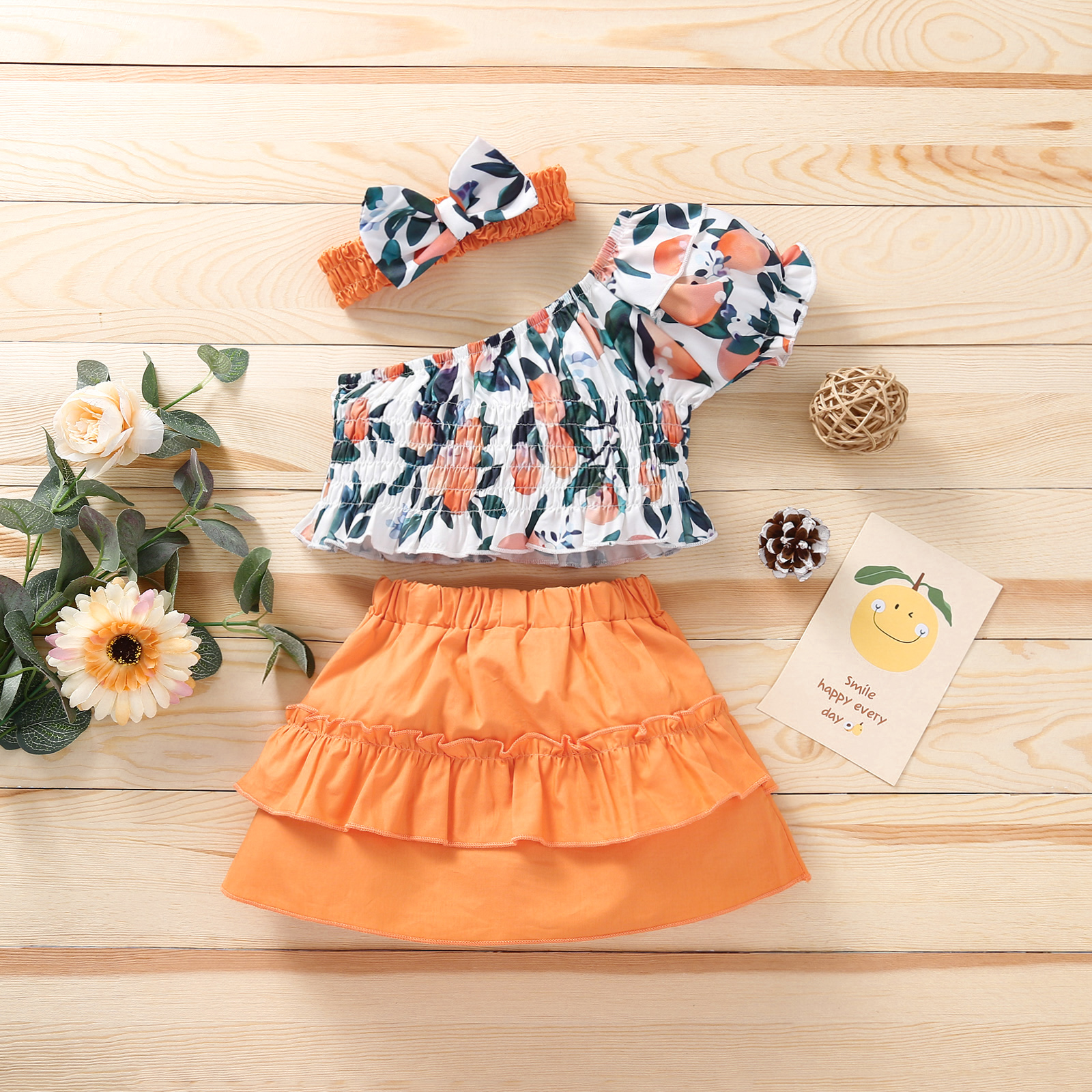 

Shirred 3pcs Floral Print One Shoulder Orange Baby Set