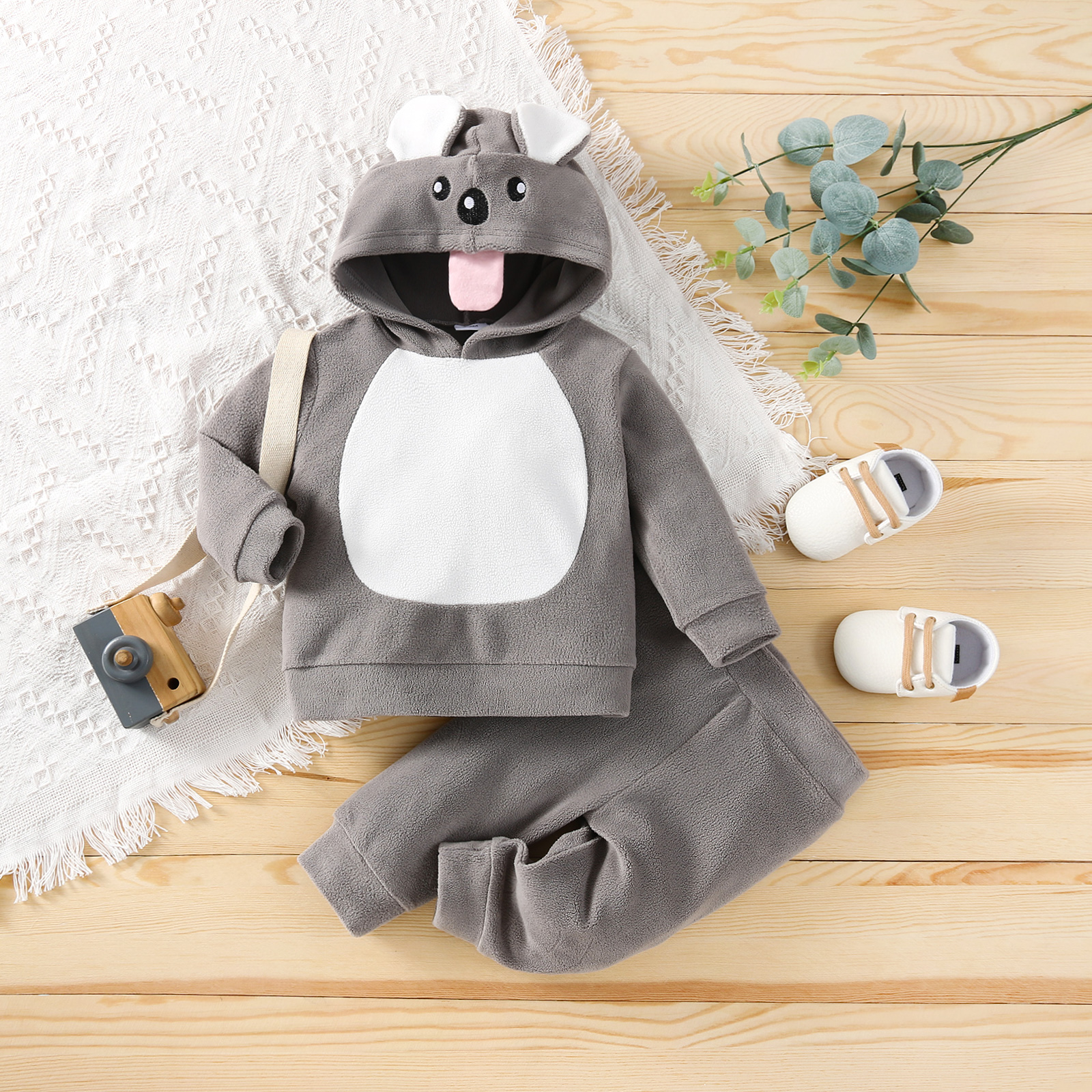 

Baby 2pcs Cartoon Koala 3D Ear Tongue Gray Long-sleeve Fleece Hoodie Set