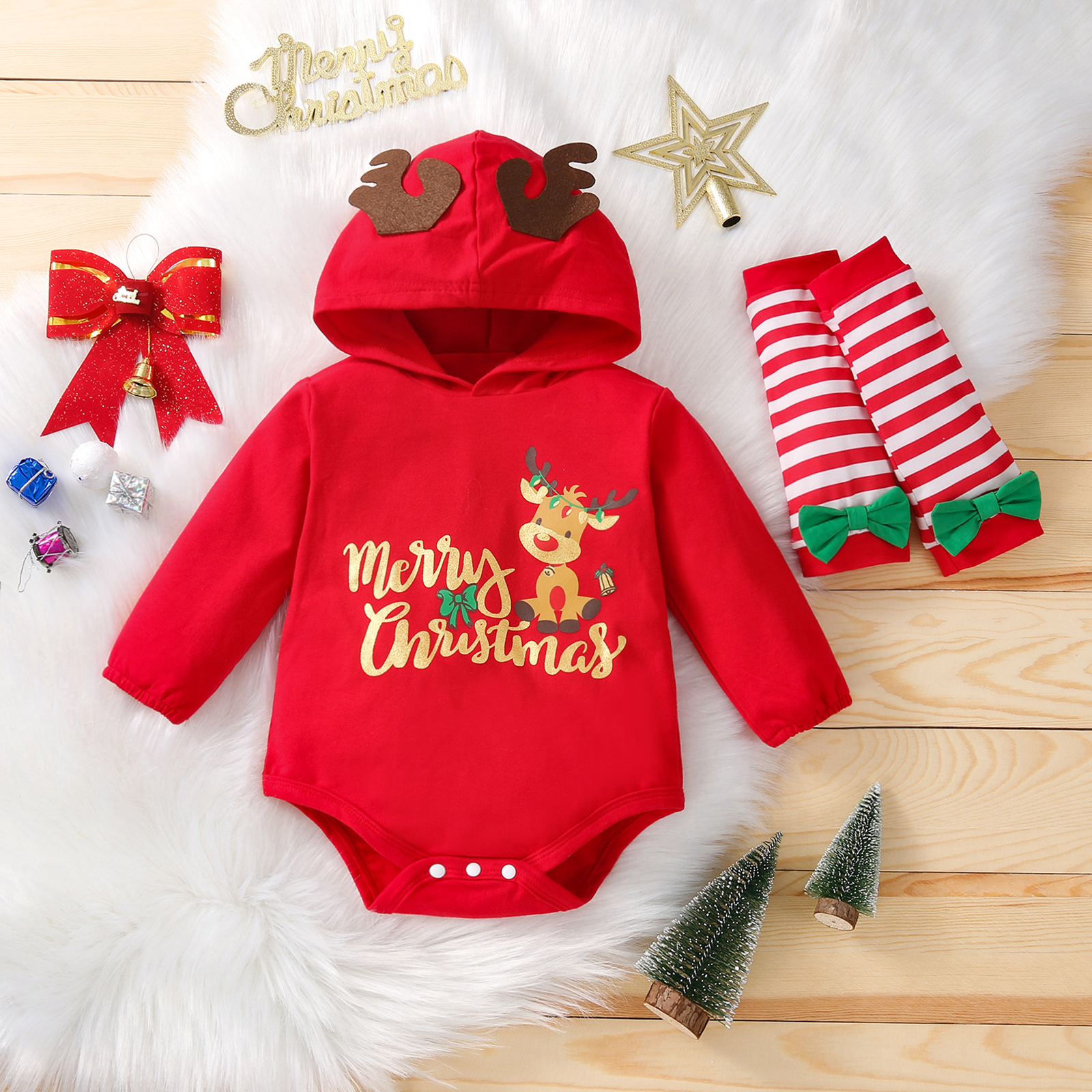 

100% Cotton 3pcs Christmas Letter Print 3D Ear Red Long-sleeve Baby Hooded Romper Set