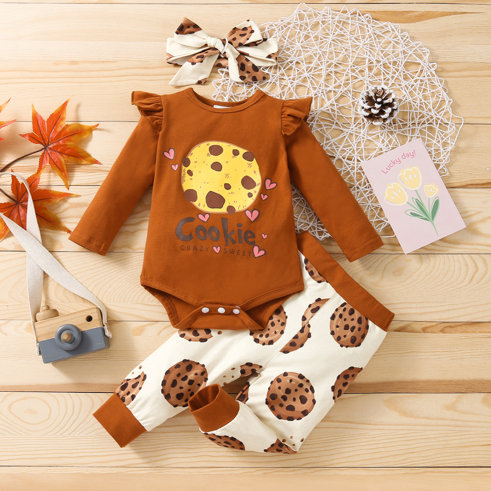 

Baby 3pcs Cookie Letter Print Brown Long-sleeve Romper and Trouser Set