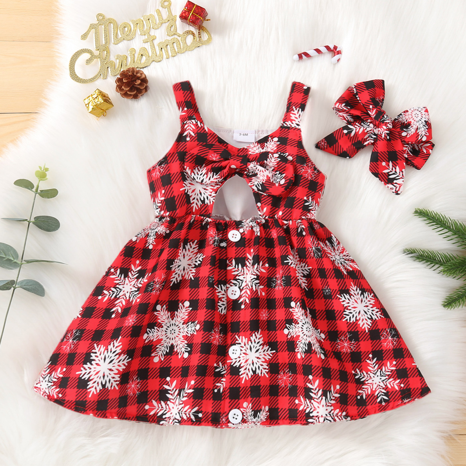 

2pcs Baby Christmas Snowflake Print Red Plaid Sleeveless Hollow Out Dress Set