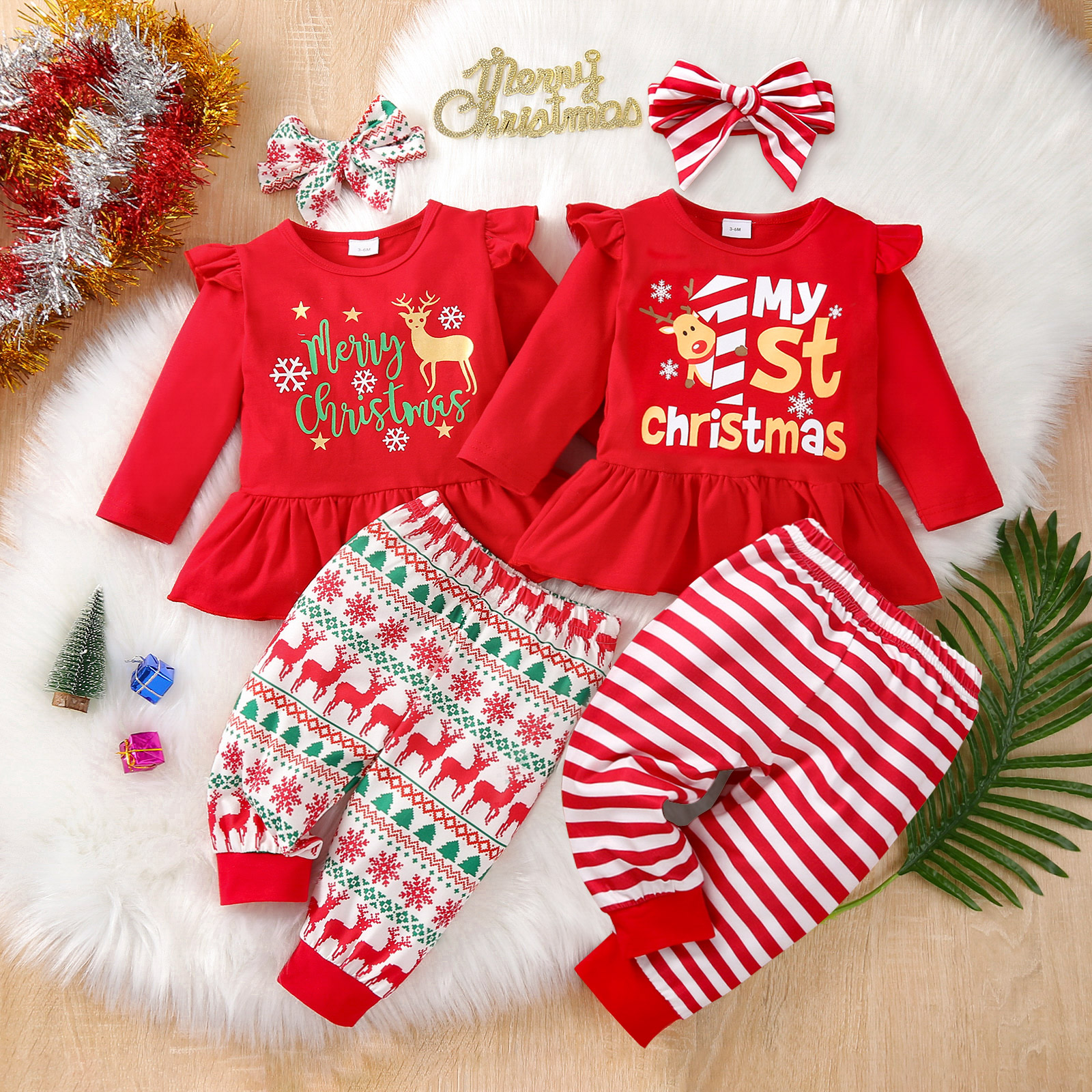 

Baby 3pcs Red Christmas Letter Print Ruffle Hem Long-sleeve Set