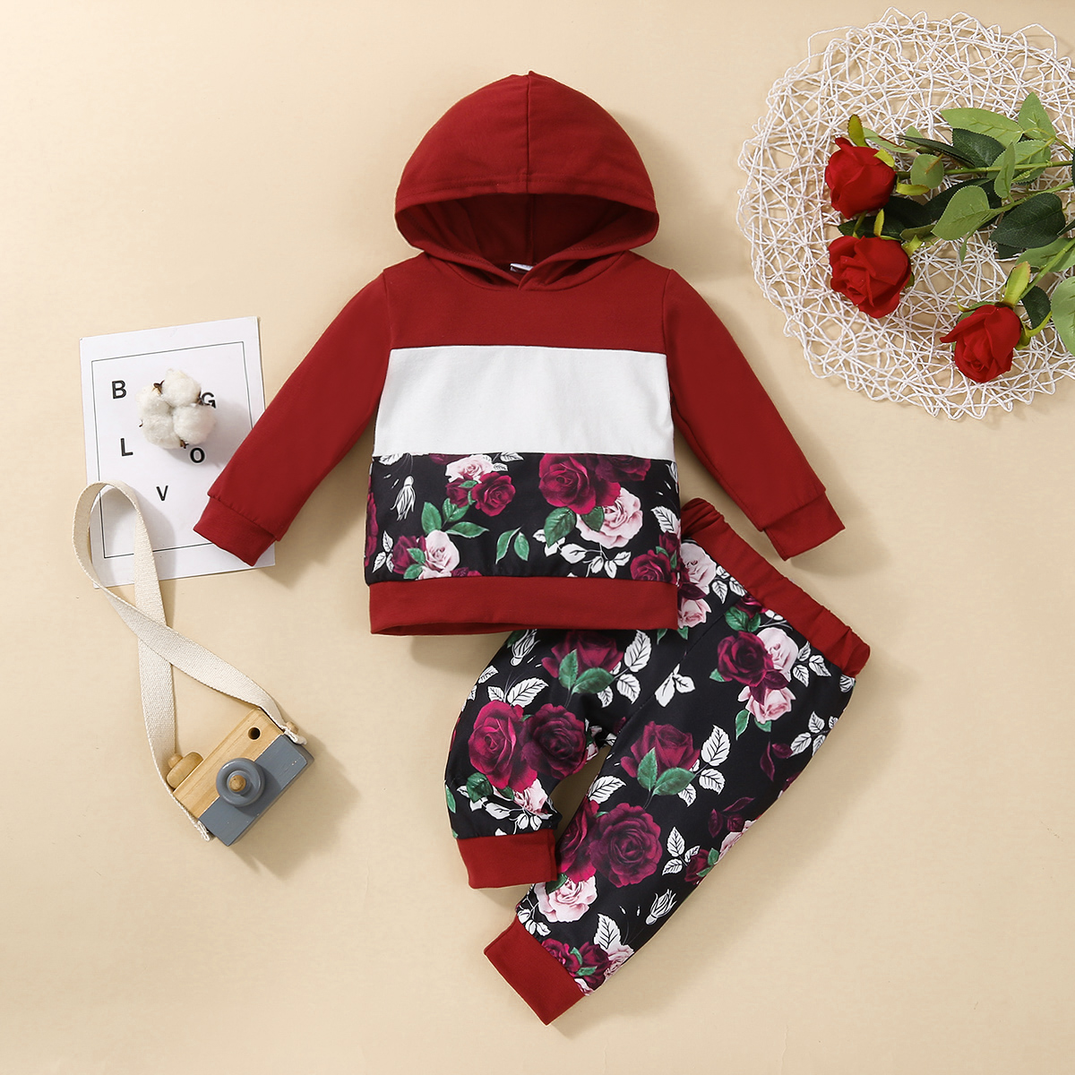 

2pcs Baby Floral Print Colorblock Long-sleeve Hoodie and Trousers Set
