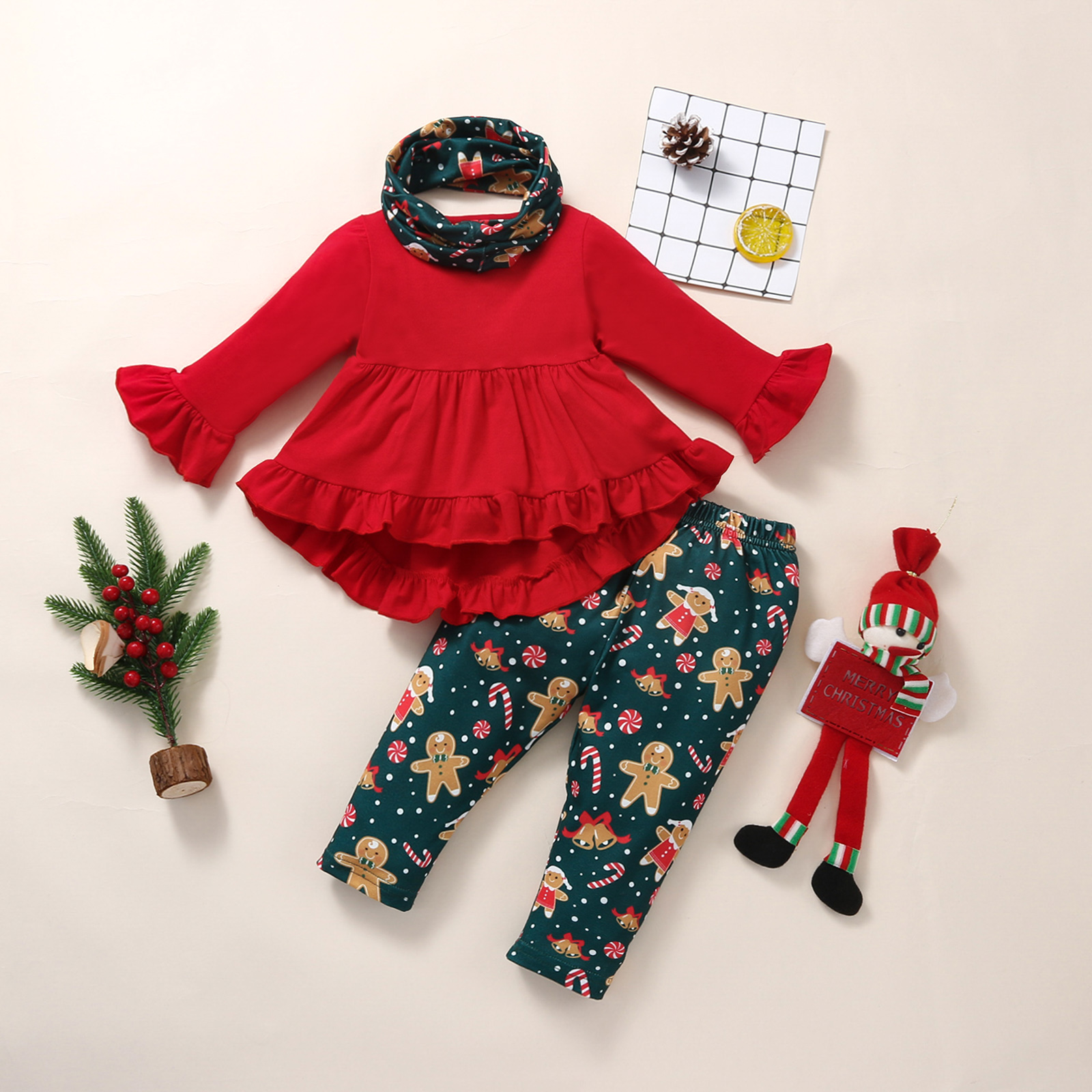 

Christmas 3pcs Baby Red Long-sleeve Ruffle Top and All Over Gingerbread Man Print Trousers Set