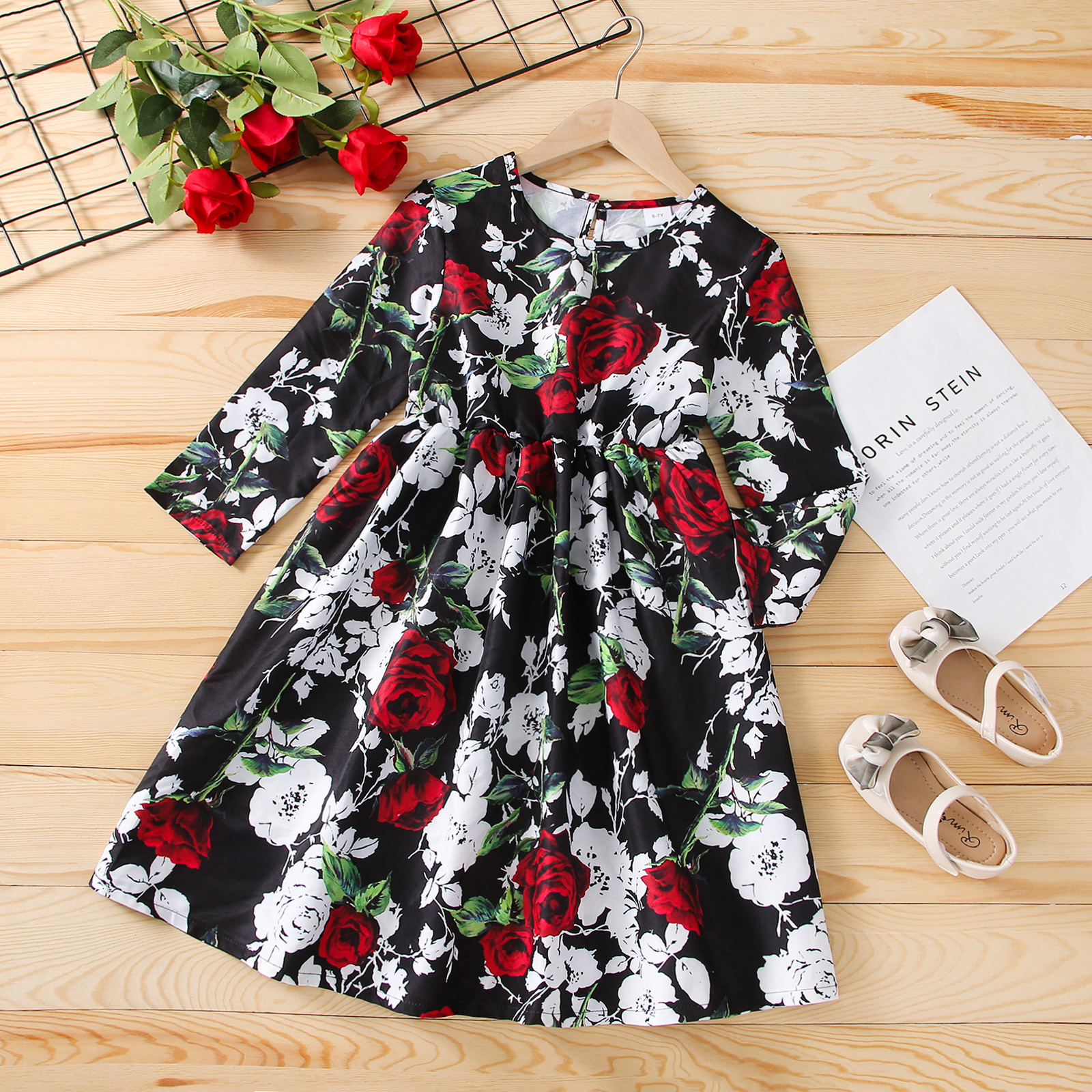 

Kid Girl Floral Print Waisted Long-sleeve Dress