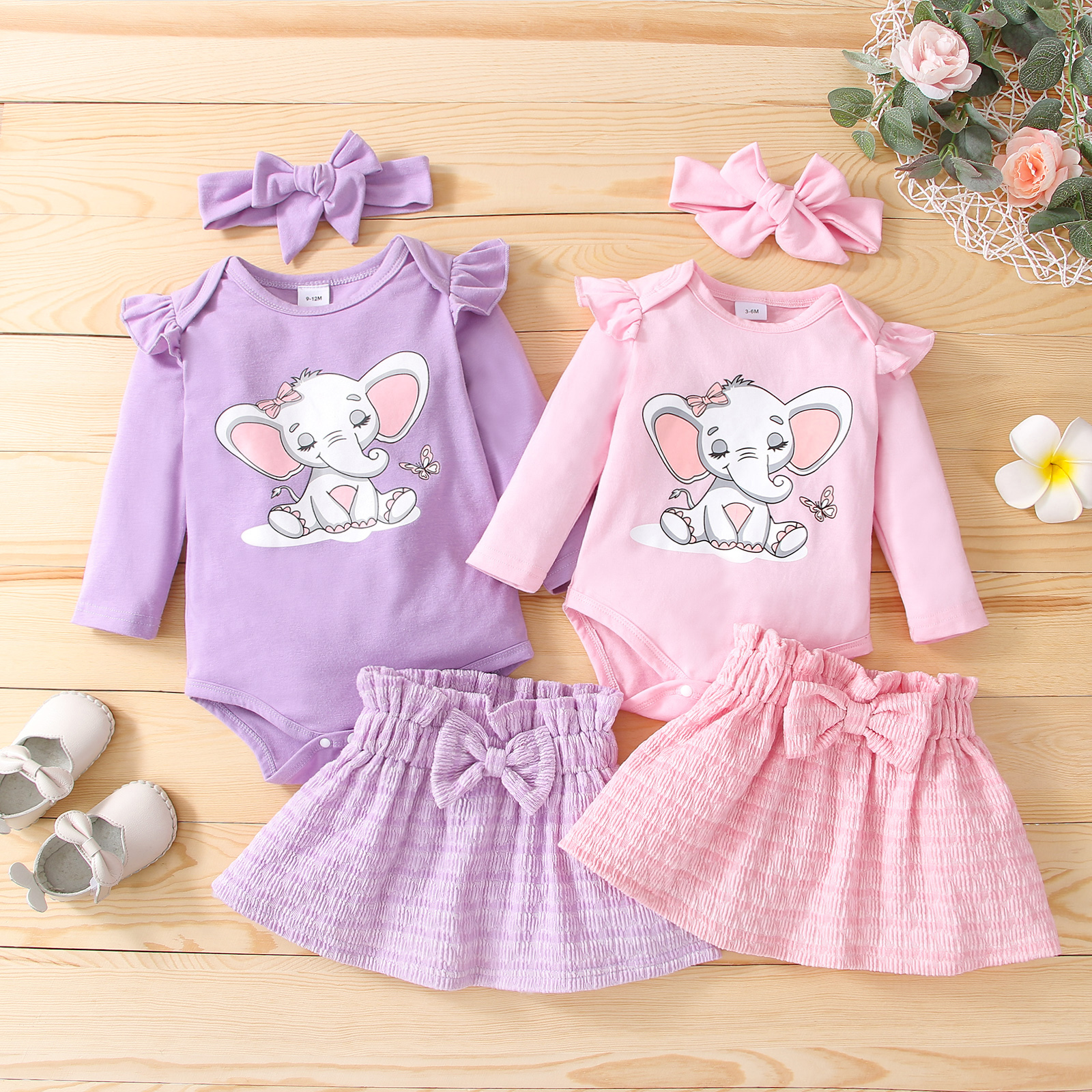 

3pcs Baby Cartoon Elephant Print Solid Ruffle Long-sleeve Romper and Bowknot Mini Skirt Set