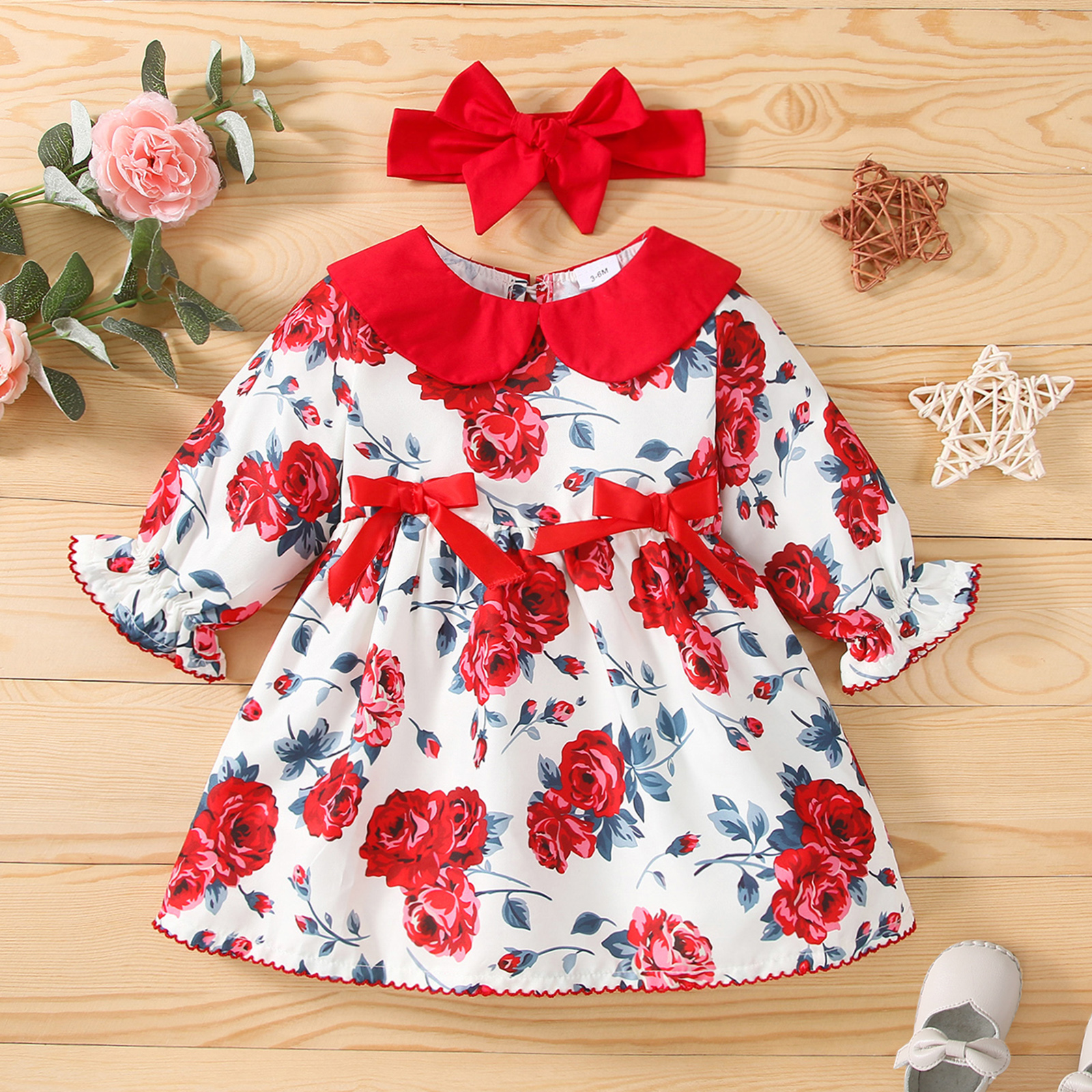 

2-piece Baby Girl Doll Collar Floral Print Bowknot Design Long-sleeve Dress and Headband Set