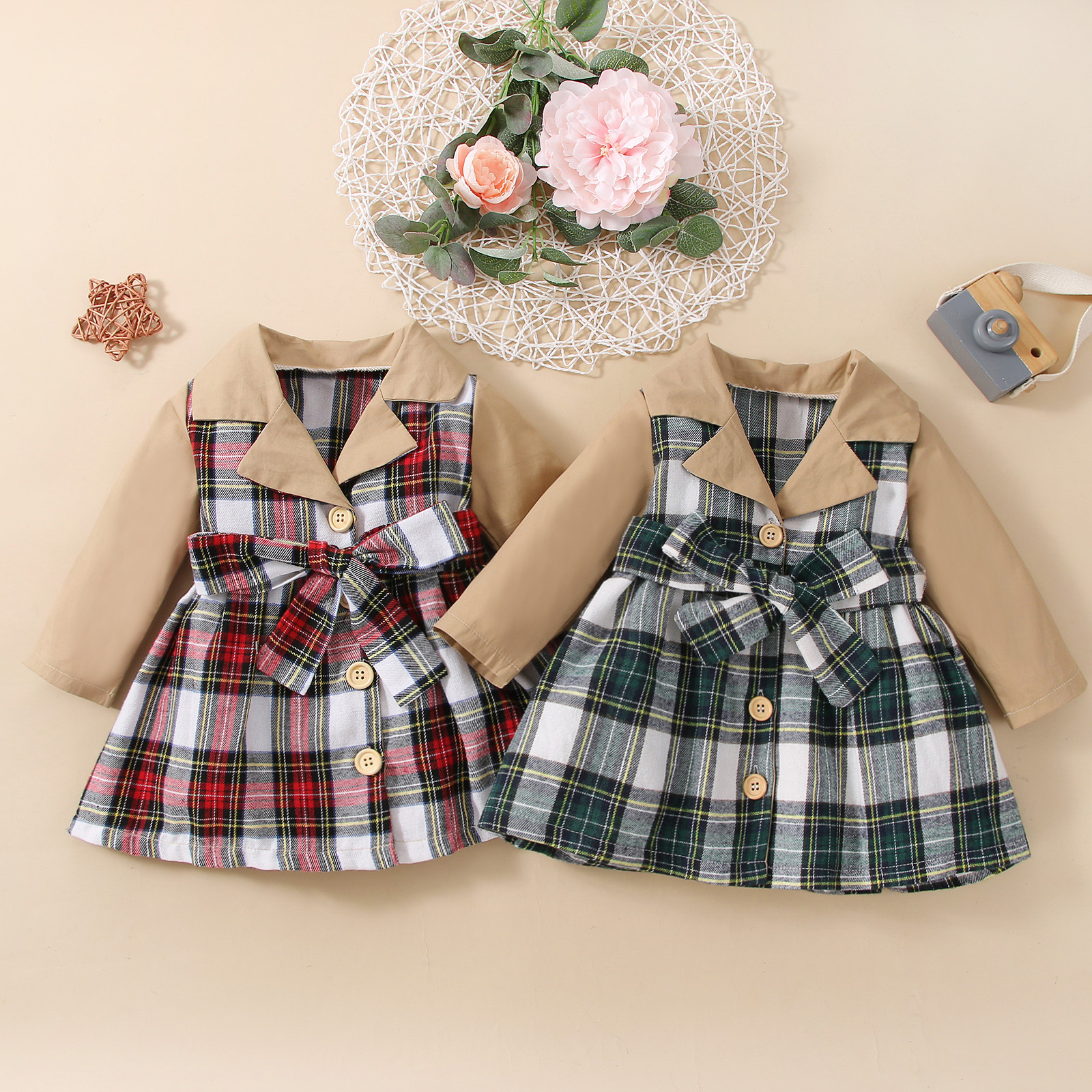 

Plaid Splicing Lapel Button Down Belted Long-sleeve Baby Blazer Dress