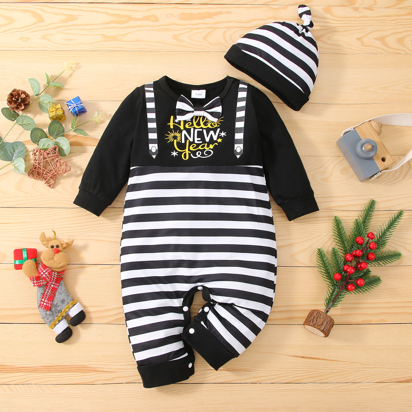 

New Year 2pcs Baby Boy/Girl Letter Print Black Striped Bow Tie Long-sleeve Jumpsuit Set