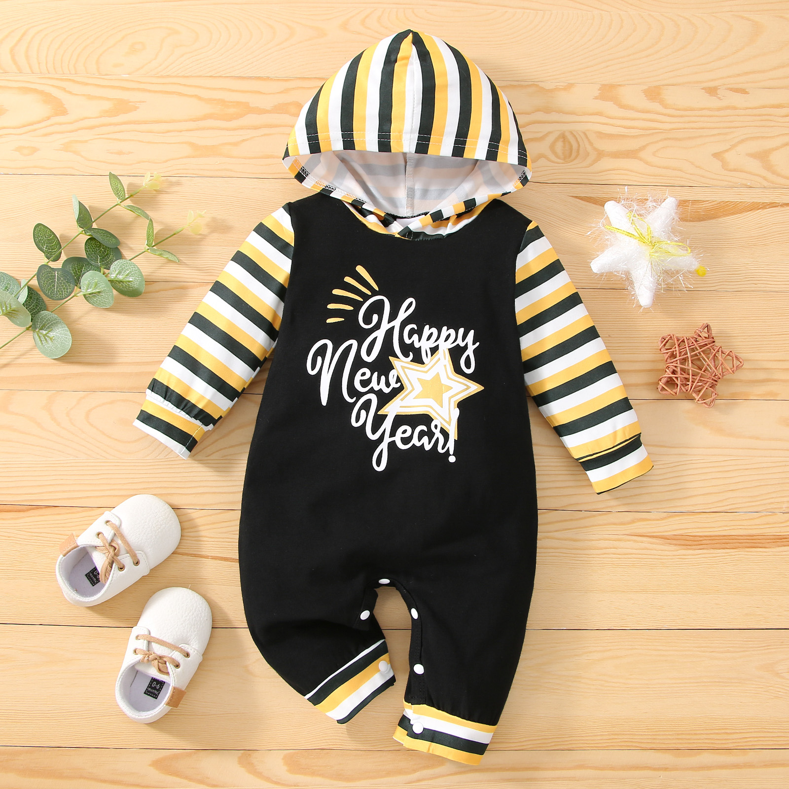 

New Year Baby Boy/Girl Letter Print Splicing Striped Long-sleeve Hooded Jumpsuit