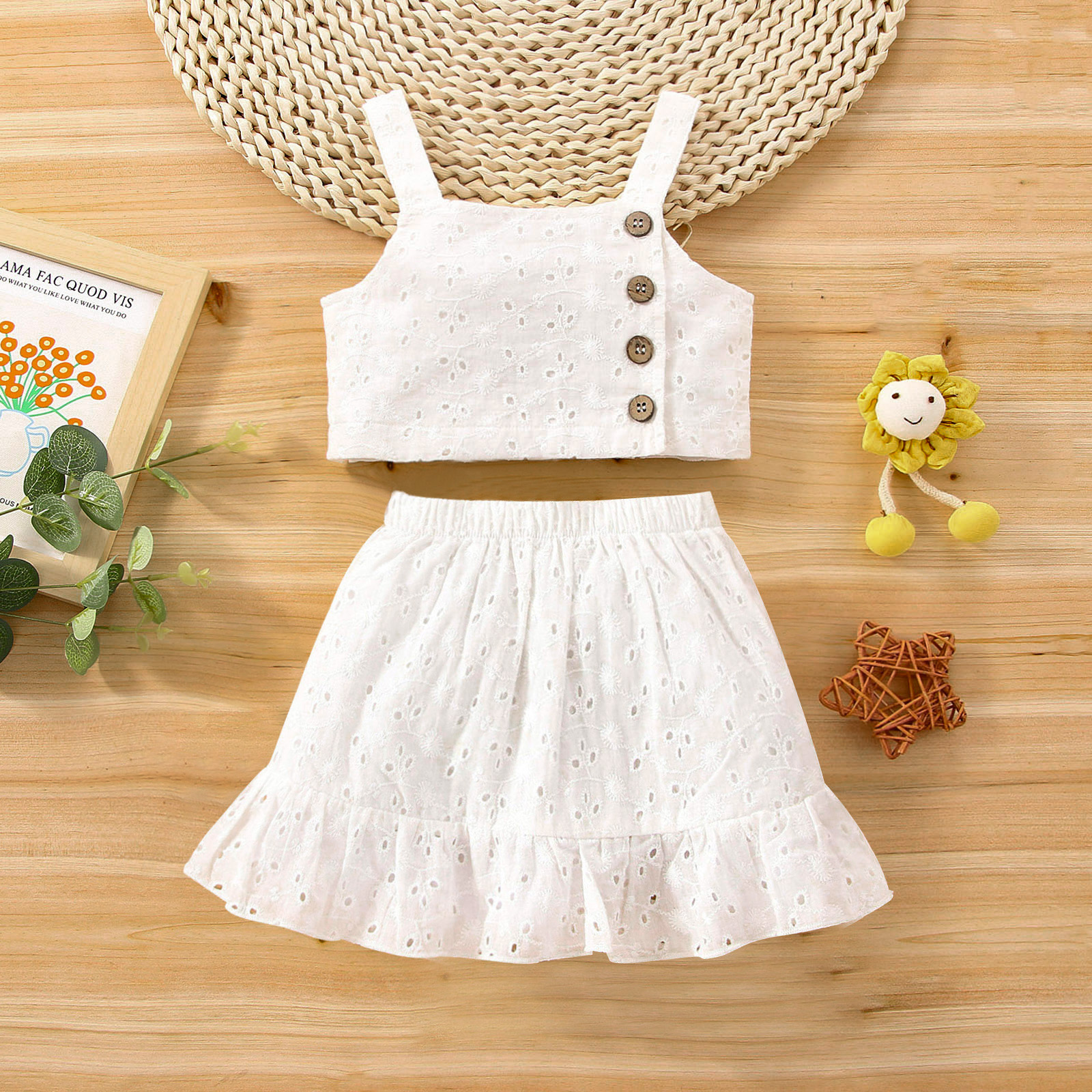 

2pcs Baby Girl White Hollow Out Embroidered Button Up Sleeveless Tank Top and Ruffle Skirt Set