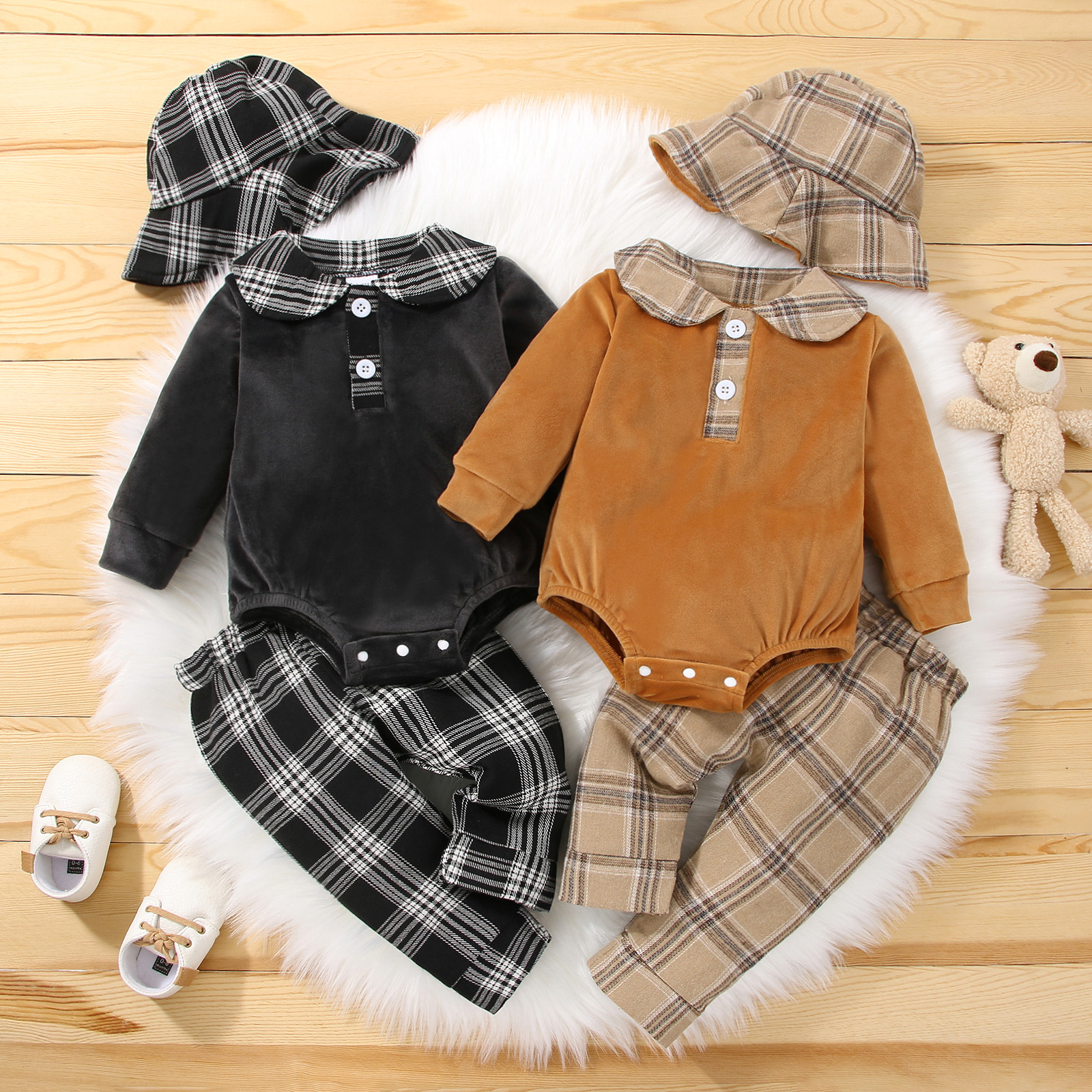 

3pcs Baby Boy/Girl Velvet Long-sleeve Romper with Plaid Trousers and Bucket Hat Set