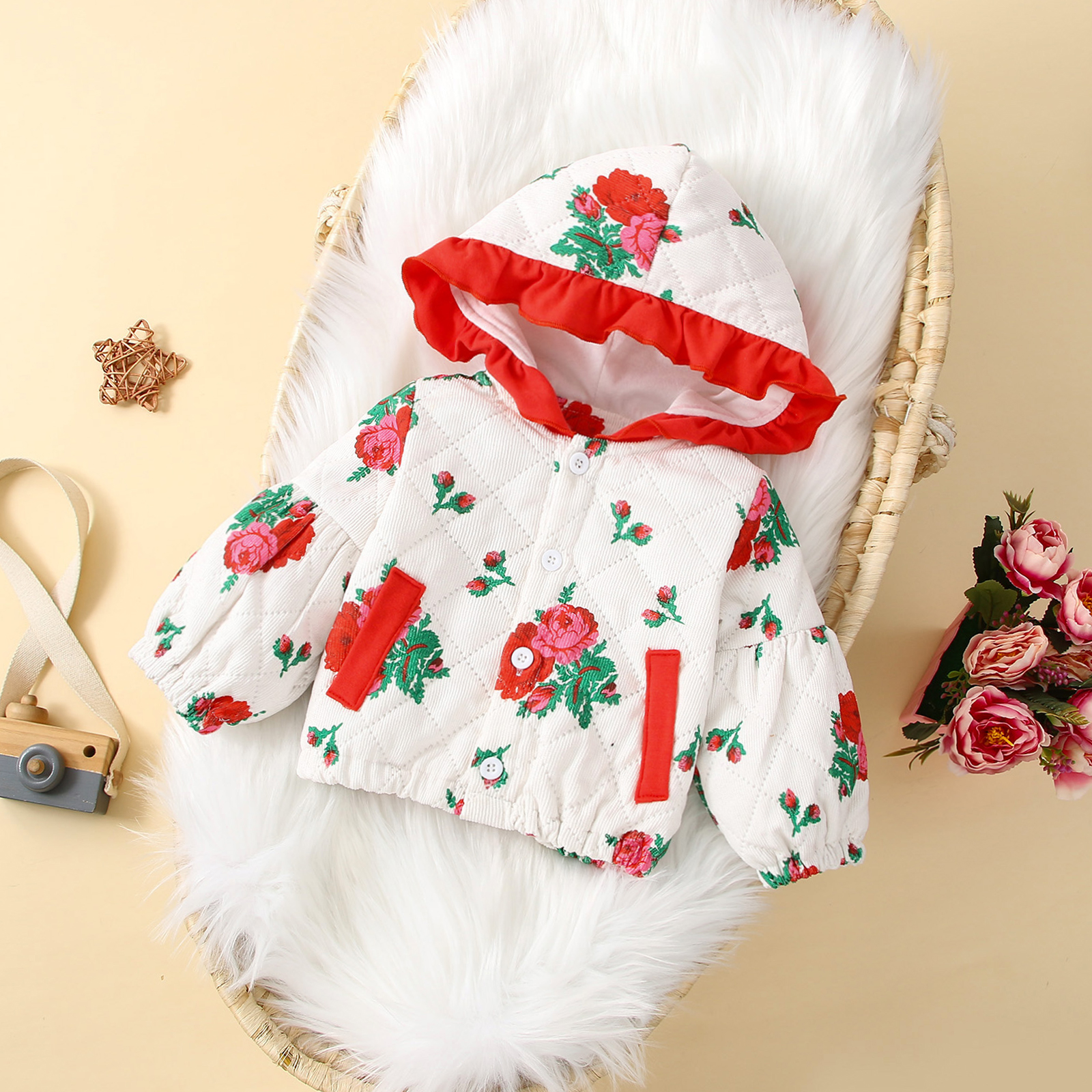 

Baby Girl All Over Rose Floral Print Ruffle Hooded Button Down Long-sleeve Jacket
