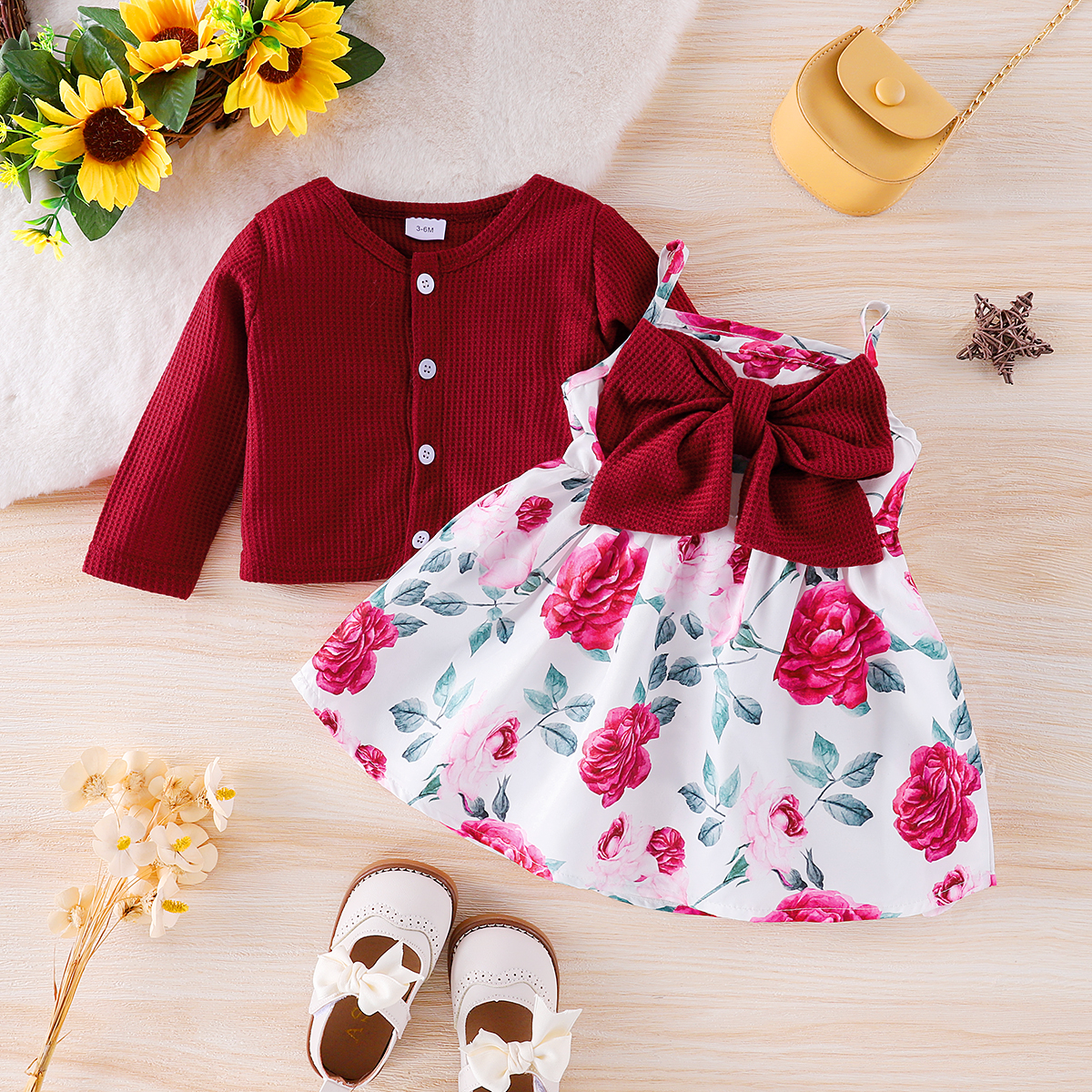

2pcs Baby Girl Red Waffle Button Down Long-sleeve Top and Bowknot Spaghetti Strap Dress Set