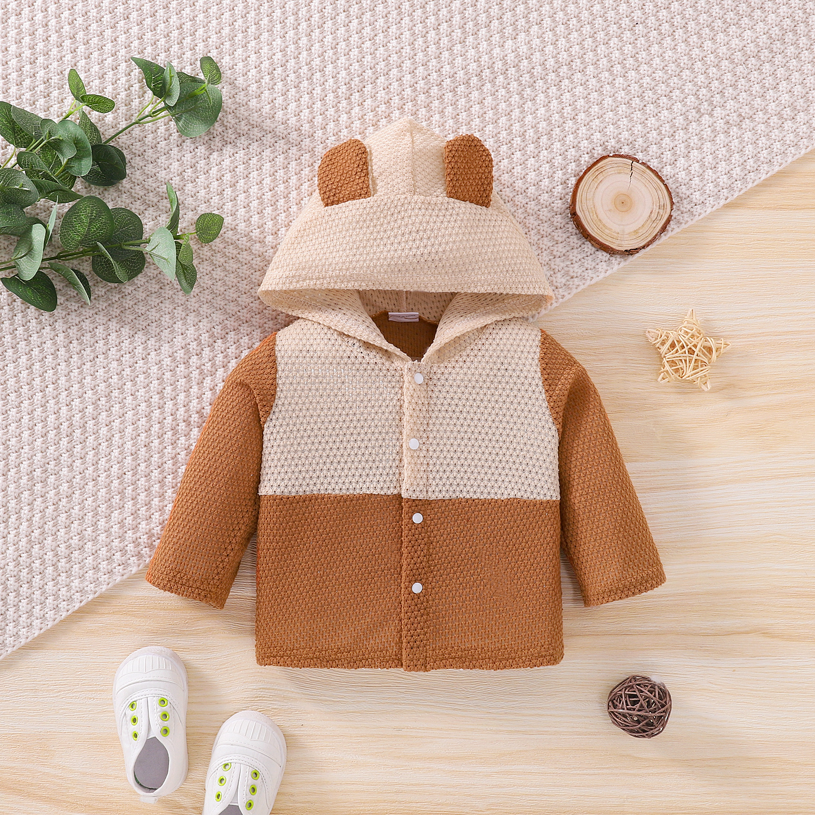 

Baby Boy/Girl Colorblock Knitted 3D Ears Hooded Long-sleeve Jacket
