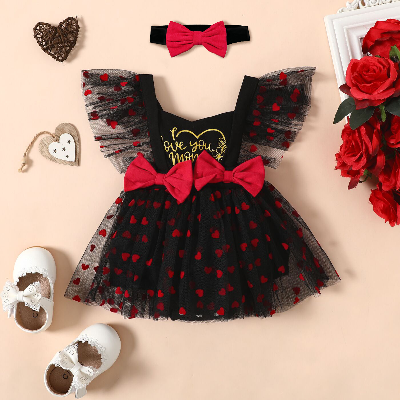 

Mother's Day 2pcs Baby Girl Letter Print All Over Love Heart Black Mesh Sleeveless Romper Dress with Headband Set