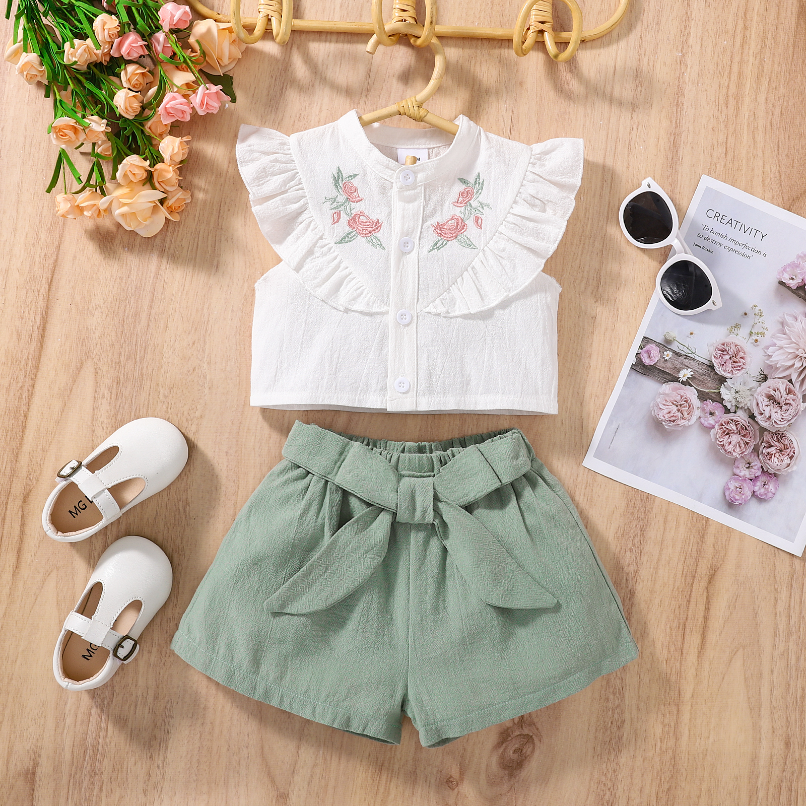 

100% Cotton 2pcs Baby Girl Floral Embroidered Button Ruffle Tank Top and Shorts Set
