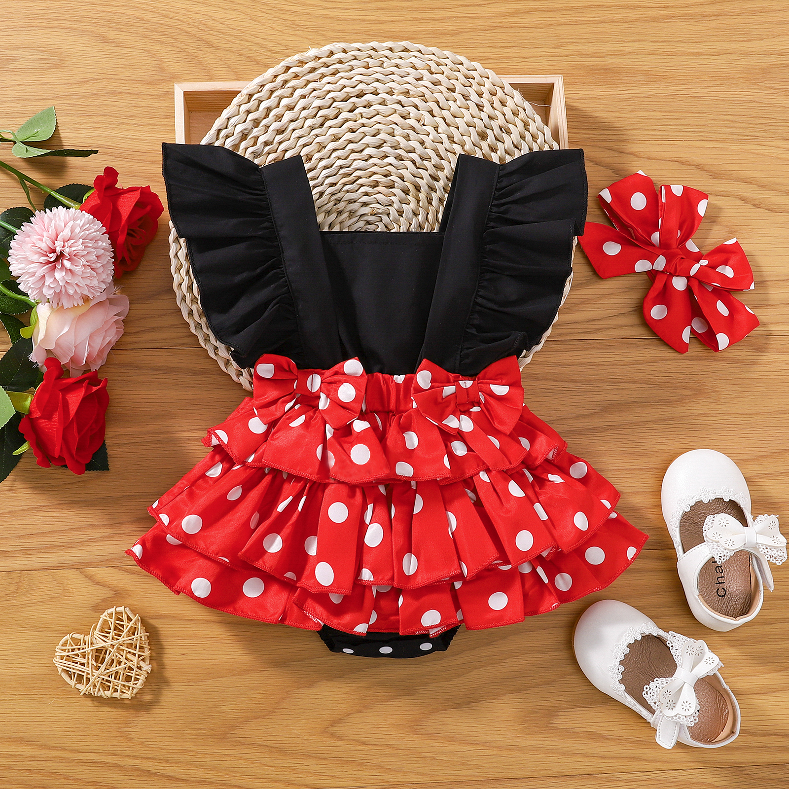 

2pcs Baby Girl Polka Dots Layered Ruffle Sleeveless Romper with Headband Set
