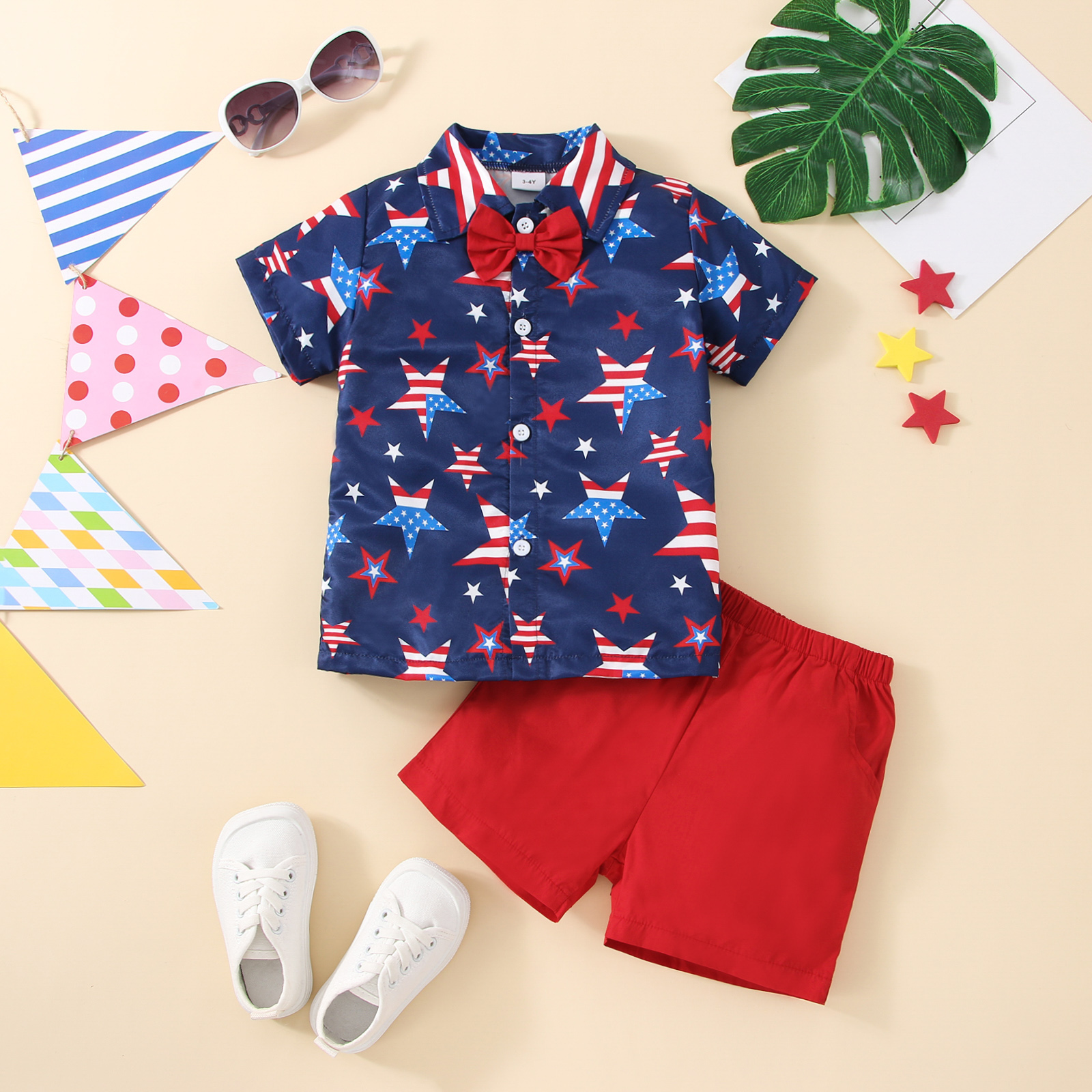 

Independence Day 2pcs Toddler Boy Elegant Bow tie Design Shirt and Shorts Set