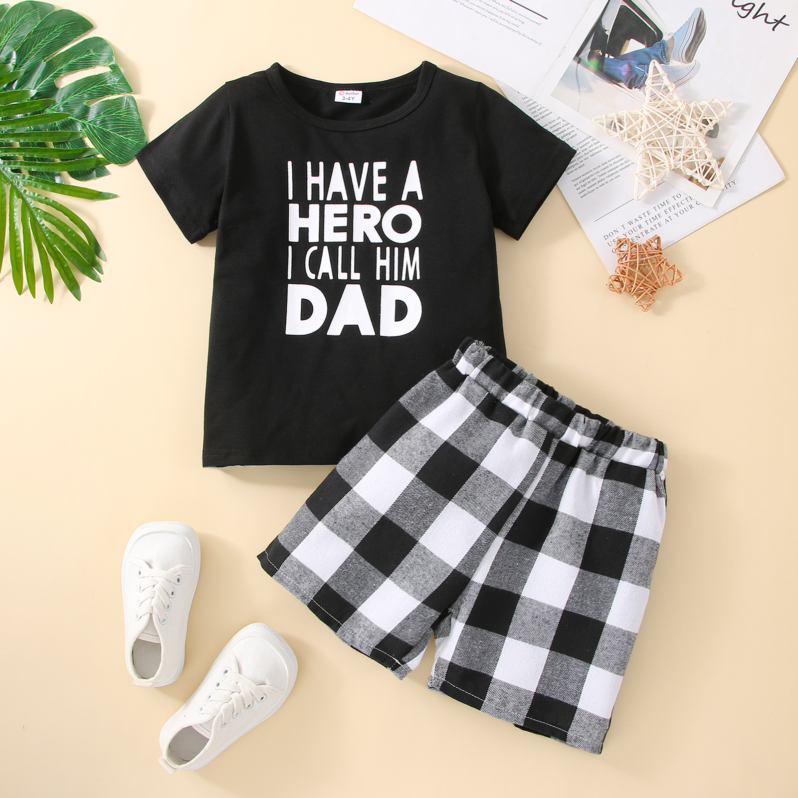 

Father's Day 2pcs Toddler Boy Playful Letter Print Tee and Plaid Shorts Set