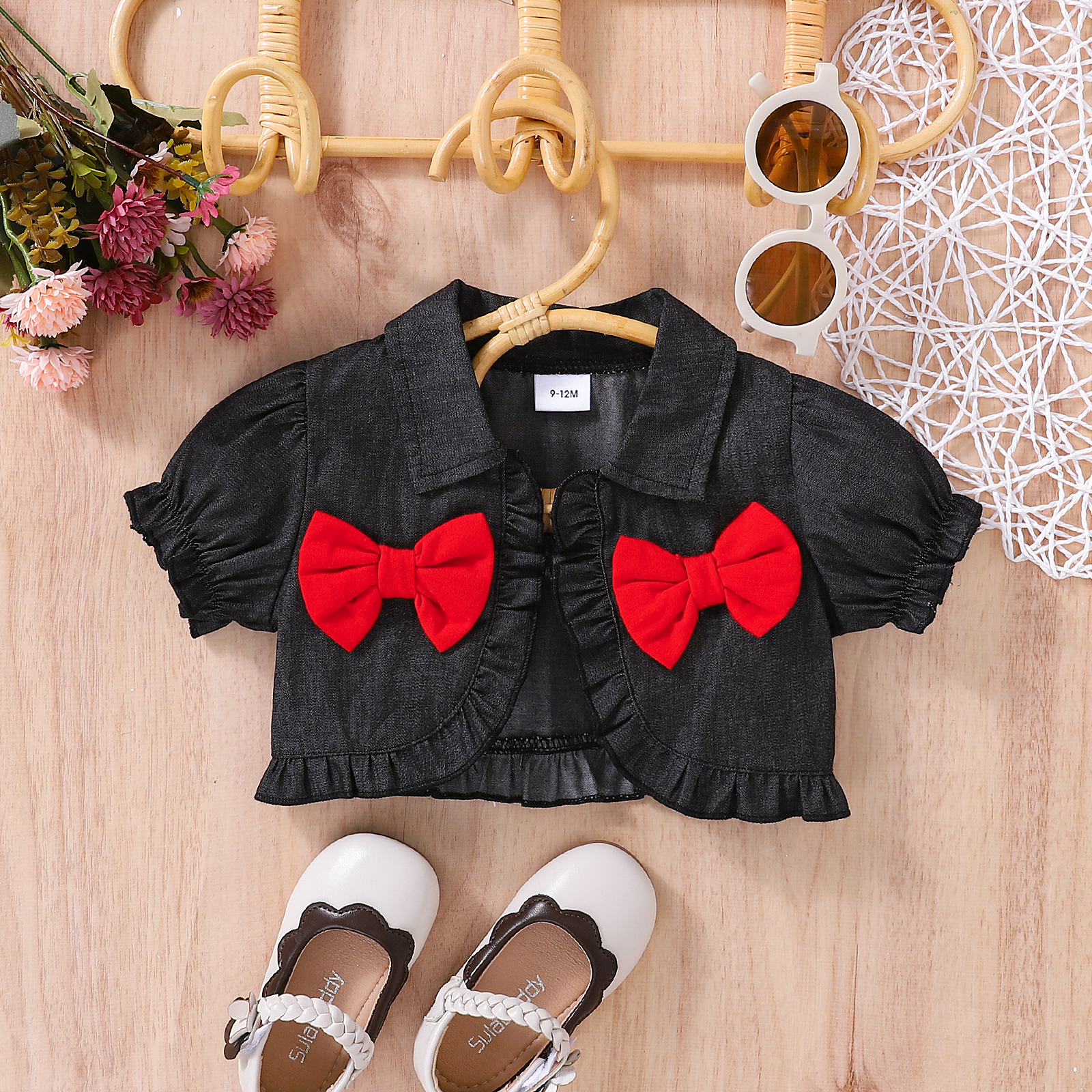 

Baby Girl Bowknot Design Denim Puff-sleeve Ruffle Trim Open Front Cardigan