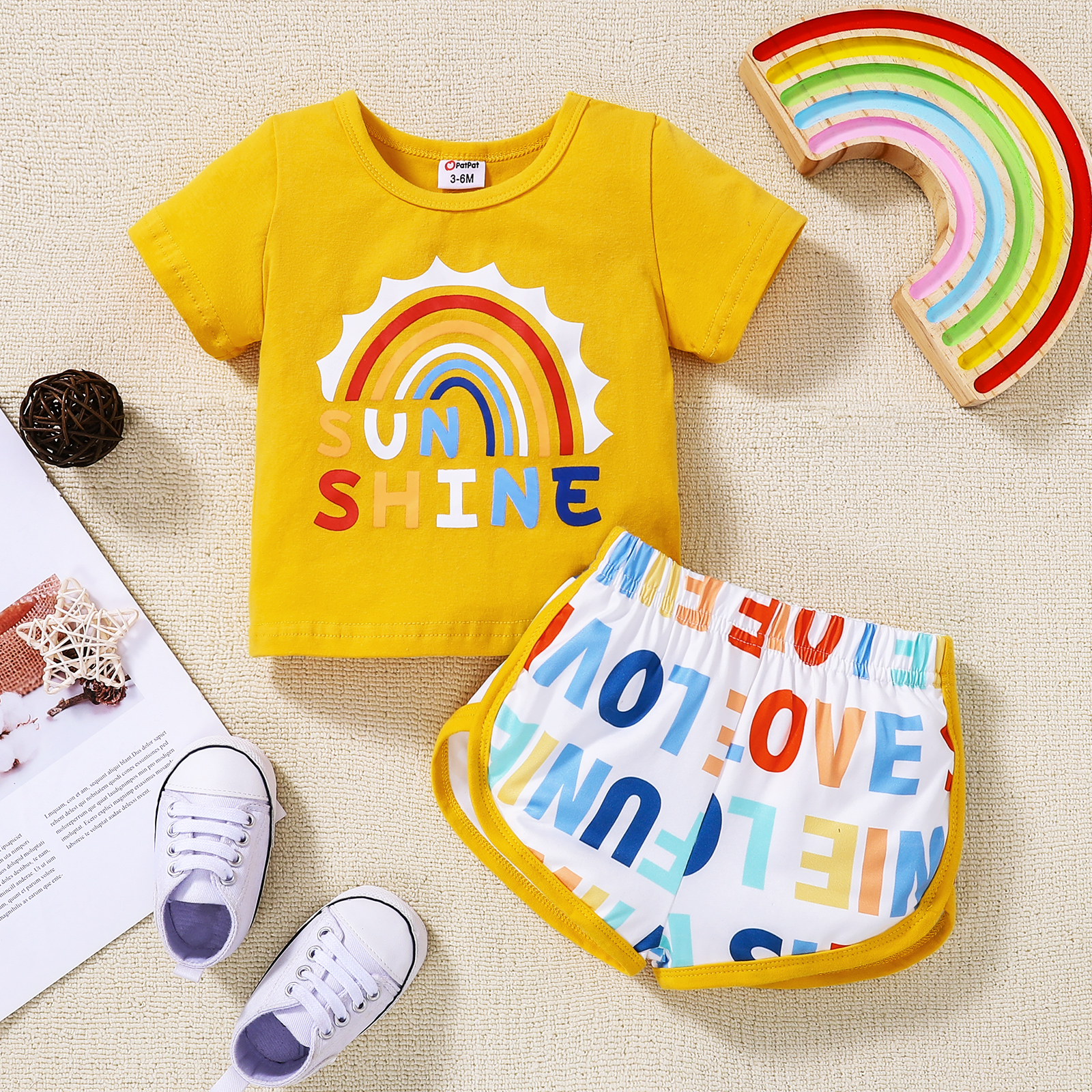 

2pcs Baby Boy/Girl 95% Cotton Short-sleeve Rainbow & Letter Print T-shirt and Shorts Set