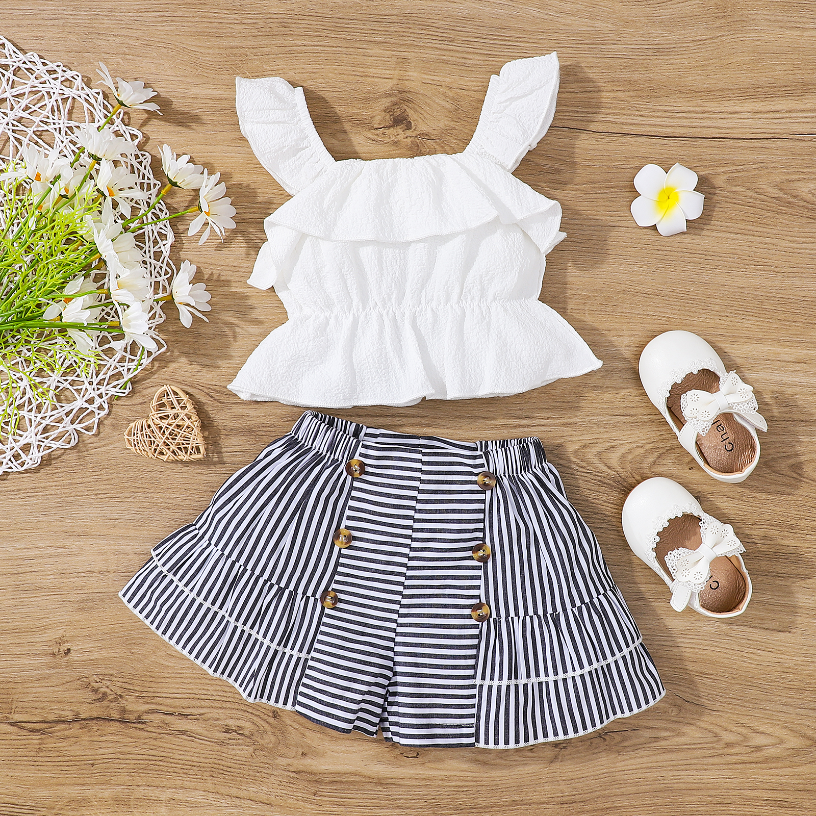 

2pcs Baby Girl 100% Cotton Striped Layered Skirt and Ruffle Trim Tank Top Set