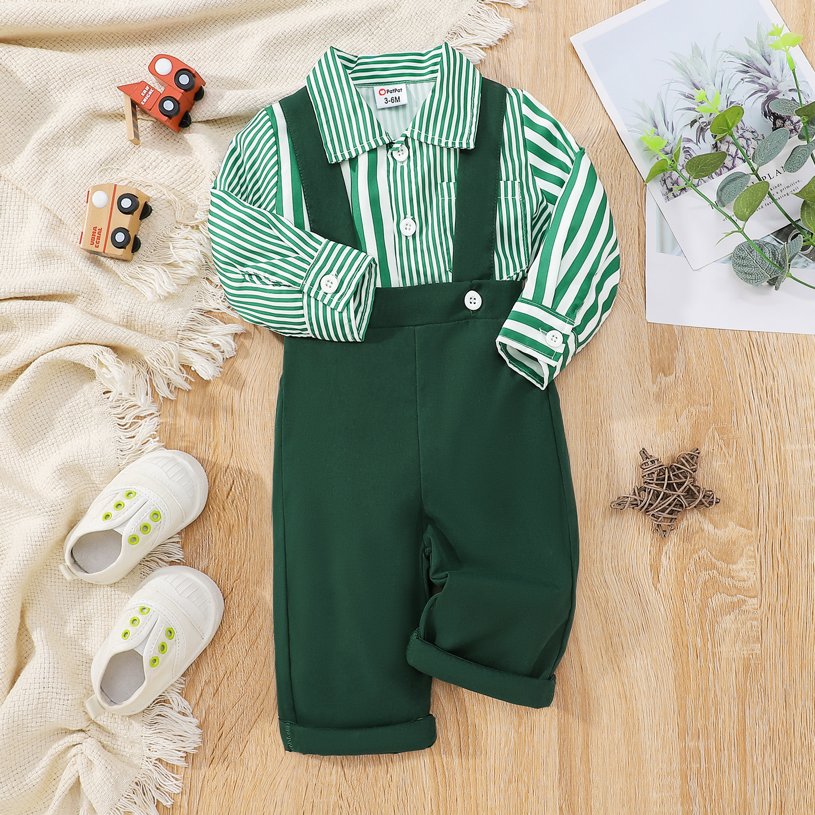 

2pcs Baby Boy Green Striped Long-sleeve Shirt and Solid Overalls Set