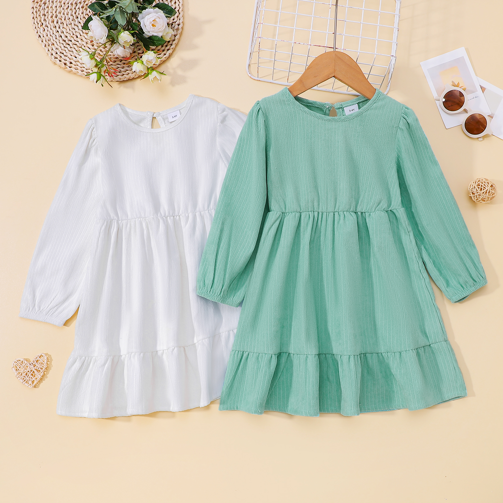 

Toddler Girl Basic Tiered Solid Color Long-sleeve Dress