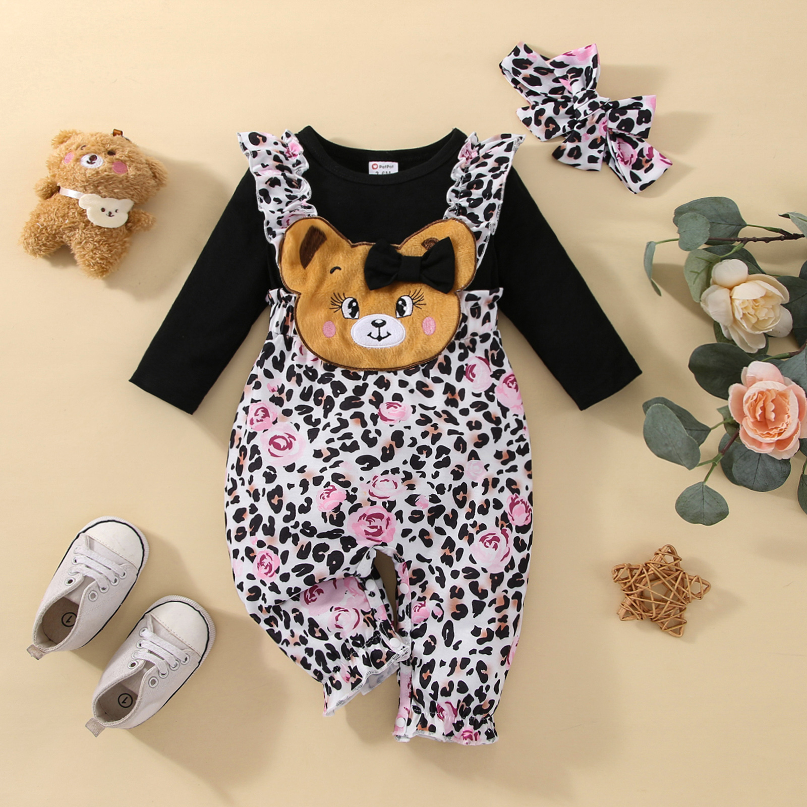 

2pcs Baby Girl 95% Cotton Long-sleeve Faux-two Bear Embroidered Spliced Floral & Leopard Print Ruffle Trim Jumpsuit with Headband Set
