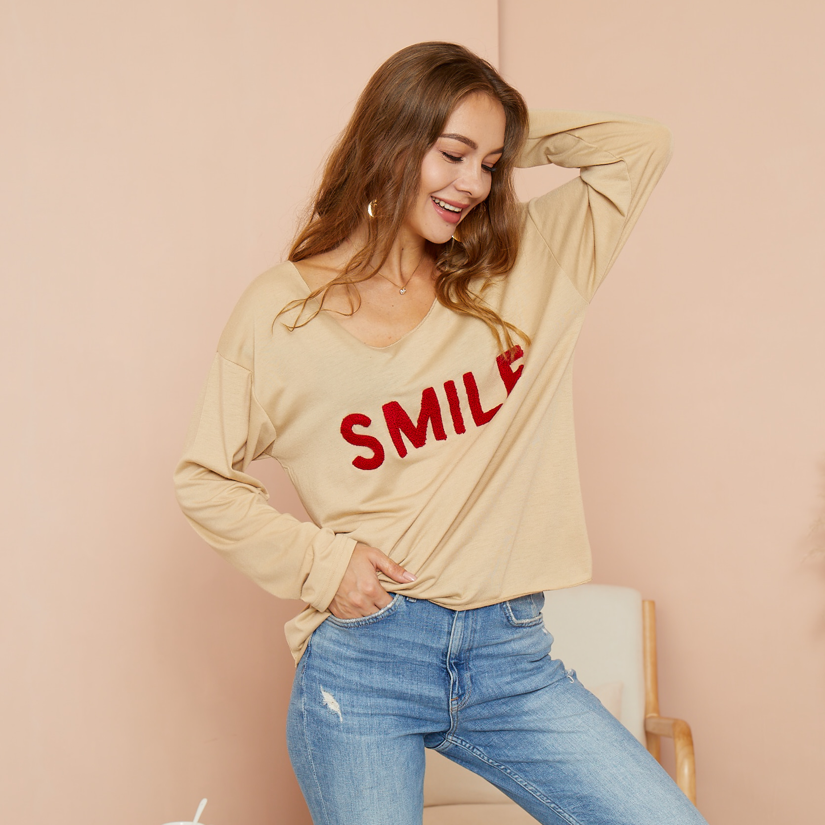 

V-neck Letter Flock Printing long sleeve casual T-shirt