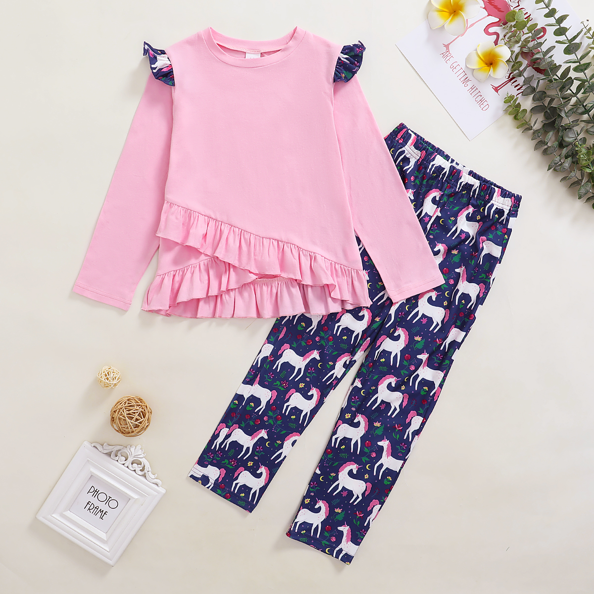 

2-piece Kid Girl 100% Cotton Irregular Ruffle Long-sleeve Top and Unicorn Print Pants Set
