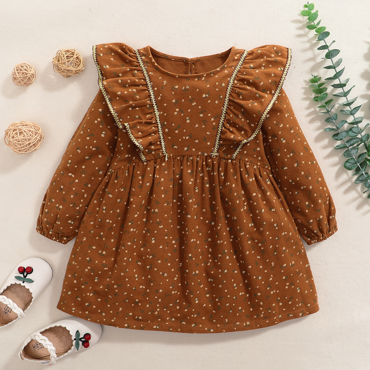

Baby / Toddler Vintage Floral Ruffled Long-sleeve Dress