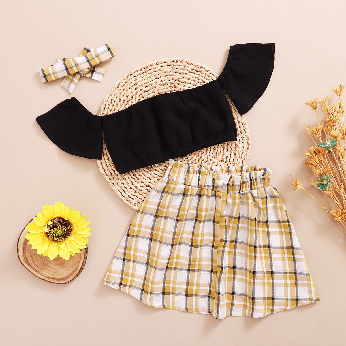

2-piece Toddler Girl 100% Cotton Off Shoulder Short-sleeve Solid Crop Top and Elasticized Plaid Skirt Set