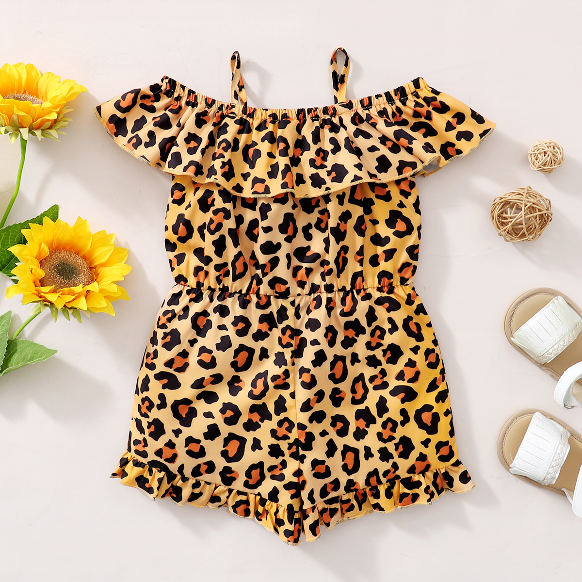 

1pcs Baby Girl Flutter-sleeve Leopard Print Pants Jumpsuit