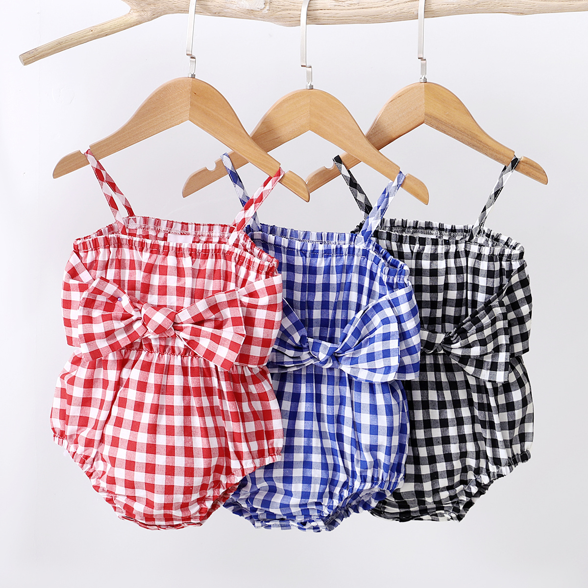 

Baby Girl Sleeveless Plaid Print Bowknot Casual Romper