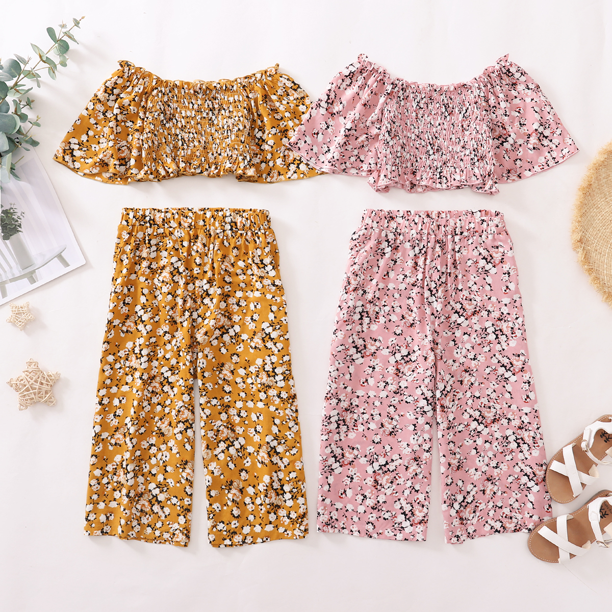 

Fashionable Kid Girl Floral Off Shoulder Top Casual Suits