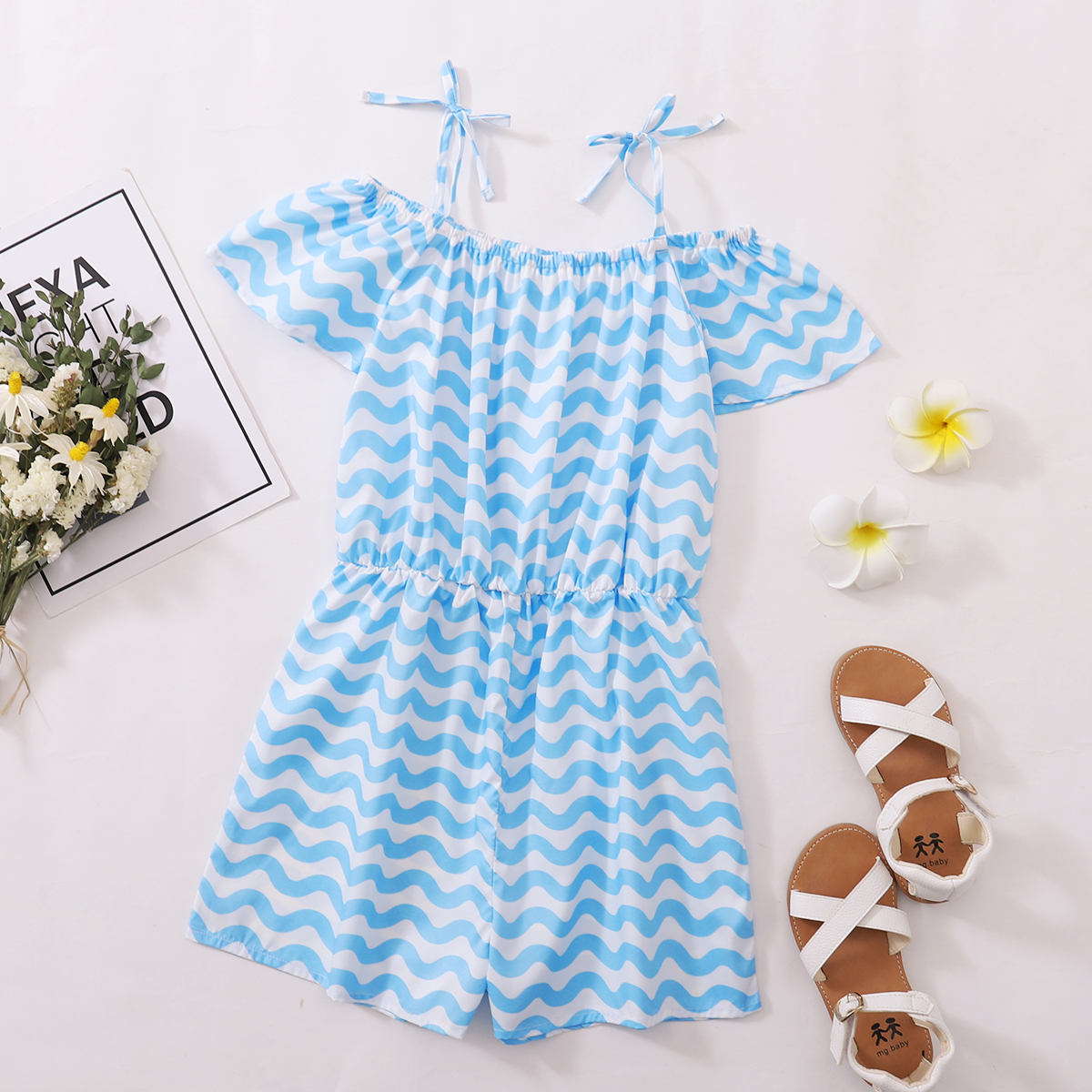 

Pretty Kid Girl Off Shoulder Bowknot Decor Colorful Striped Rompers