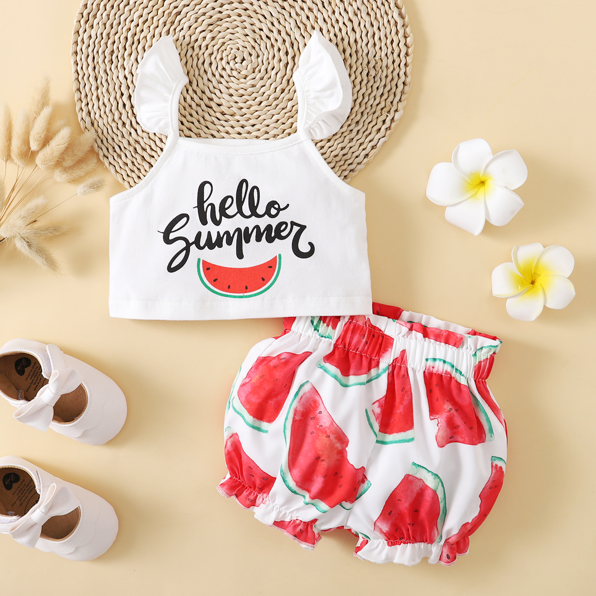 

2pcs Baby Girl Sleeveless Letter Watermelon Print Cotton & Polyester Baby's Sets
