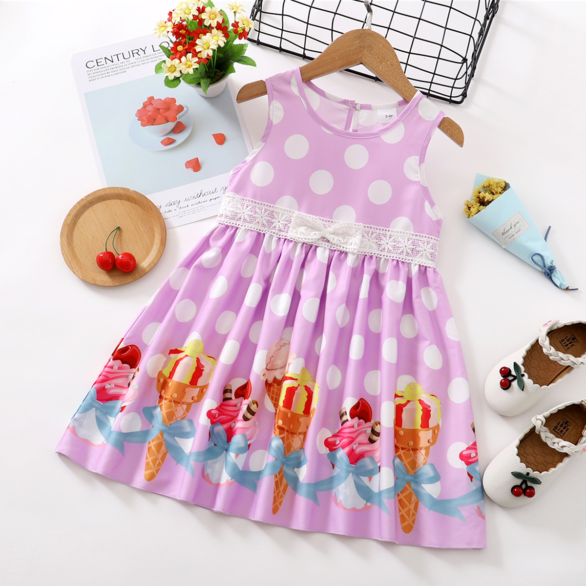 

1pc Baby Girl Sleeveless Polka Dots Ice Cream Print Dress