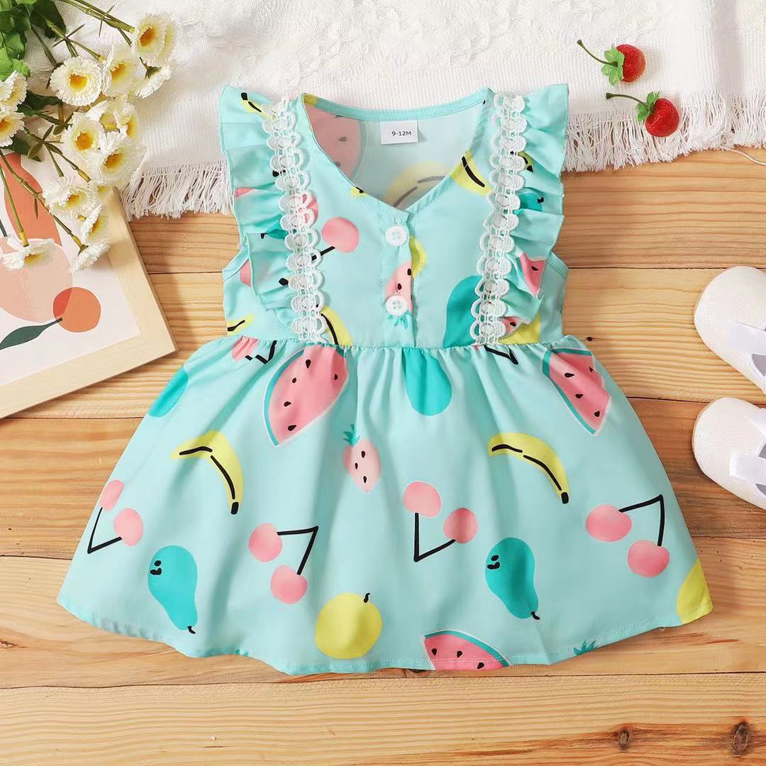 

1pc Baby Girl Sleeveless Fruit Print Lace Dress