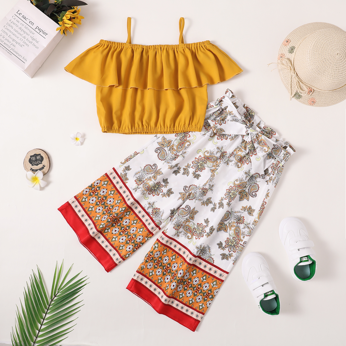 

Trendy Kid Girl Flounced Slip Top Floral Pants Casual Set
