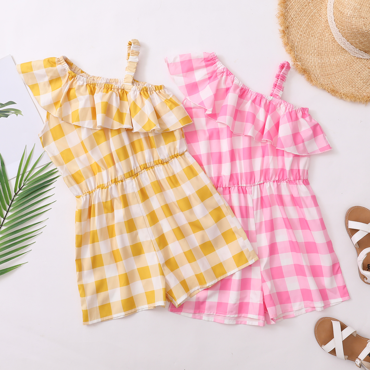 

Pretty Kid Girl One Shoulder Yellow Plaid Rompers