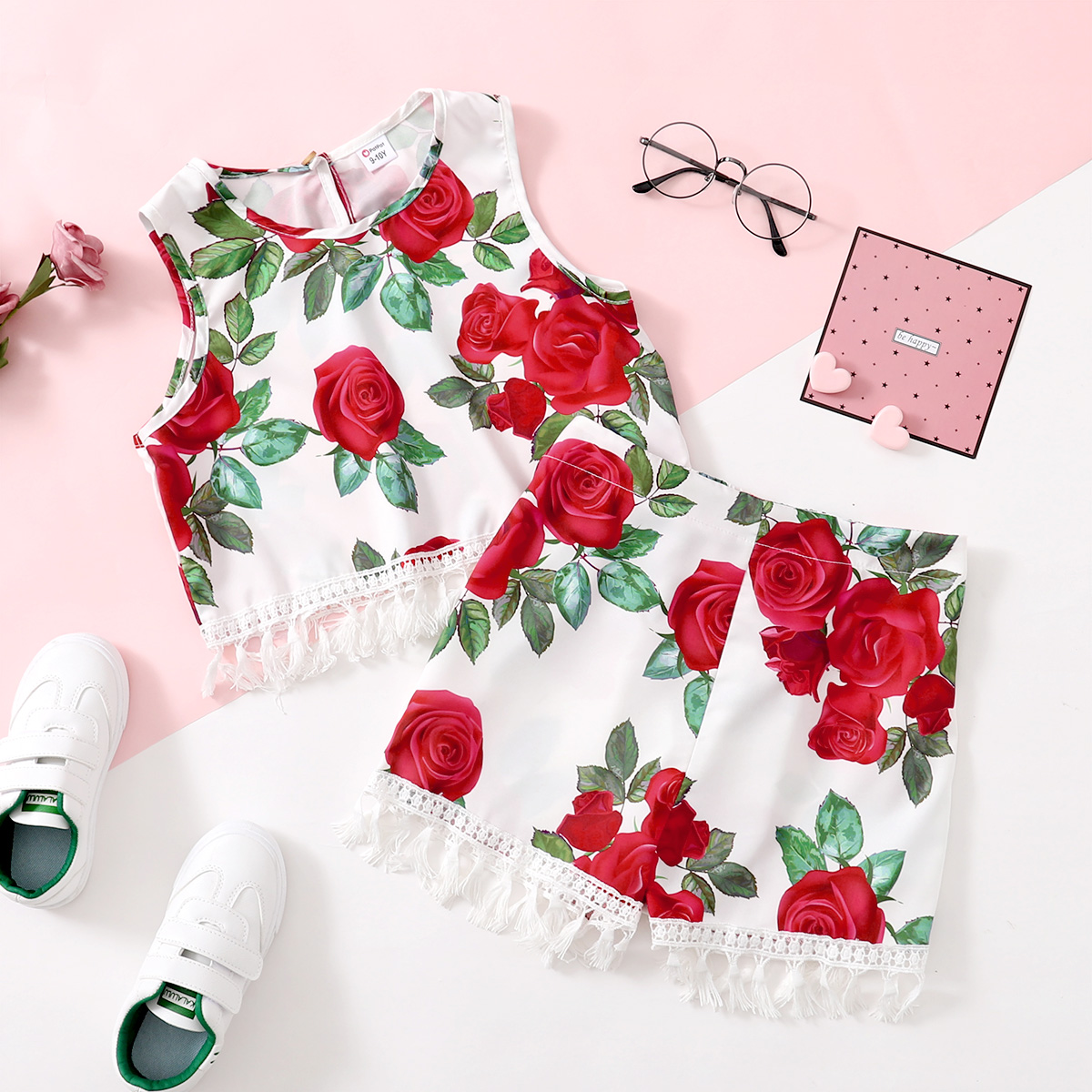 

Pretty Kid.Girl Rose Floral Print Tassel Casual Suits