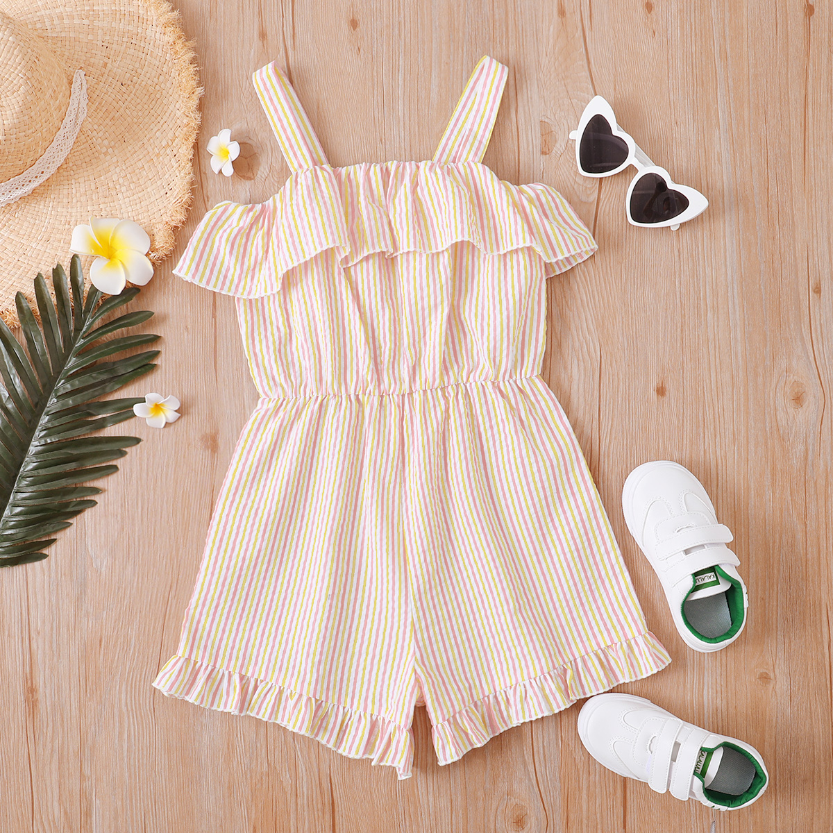 

Fashionable Kid Girl Stripe Print Flounced Slip Rompers