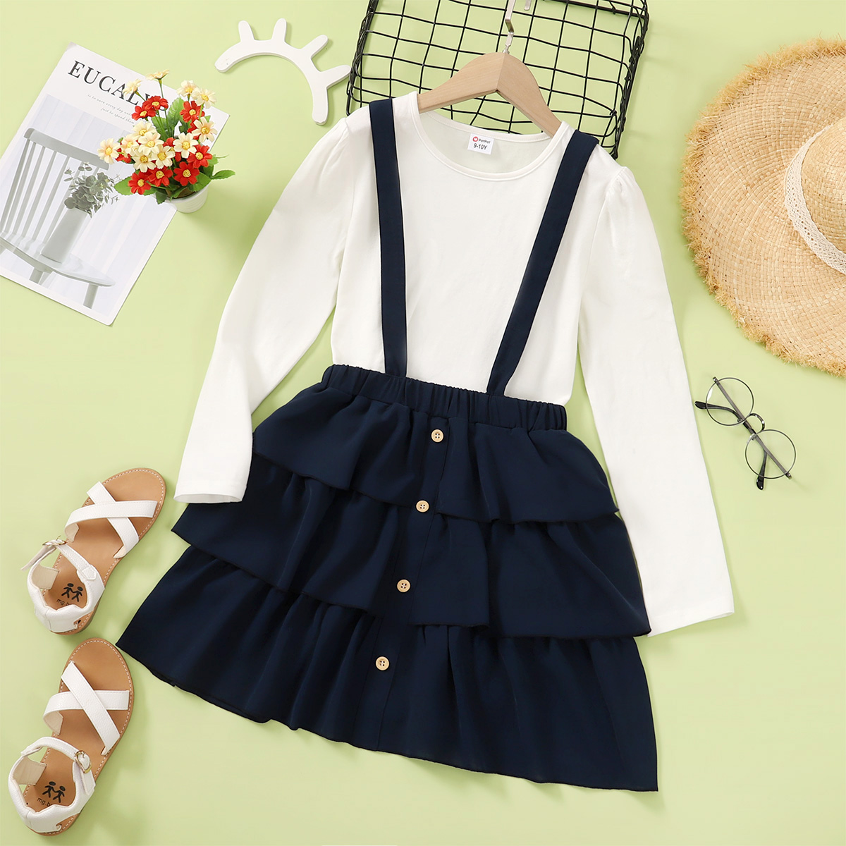 

2-piece Kid Girl 100% Cotton Long-sleeve White Top and Ruffled Solid Suspender Skirt