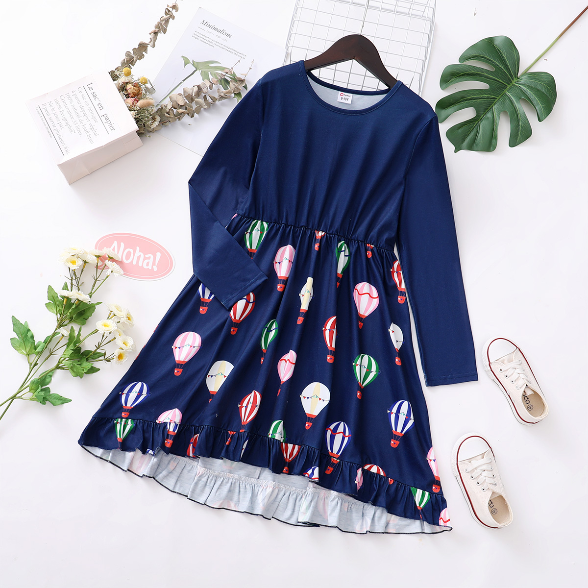 

Kid Girl High Low Hot Air Balloon Print Long-sleeve Stitching Dress